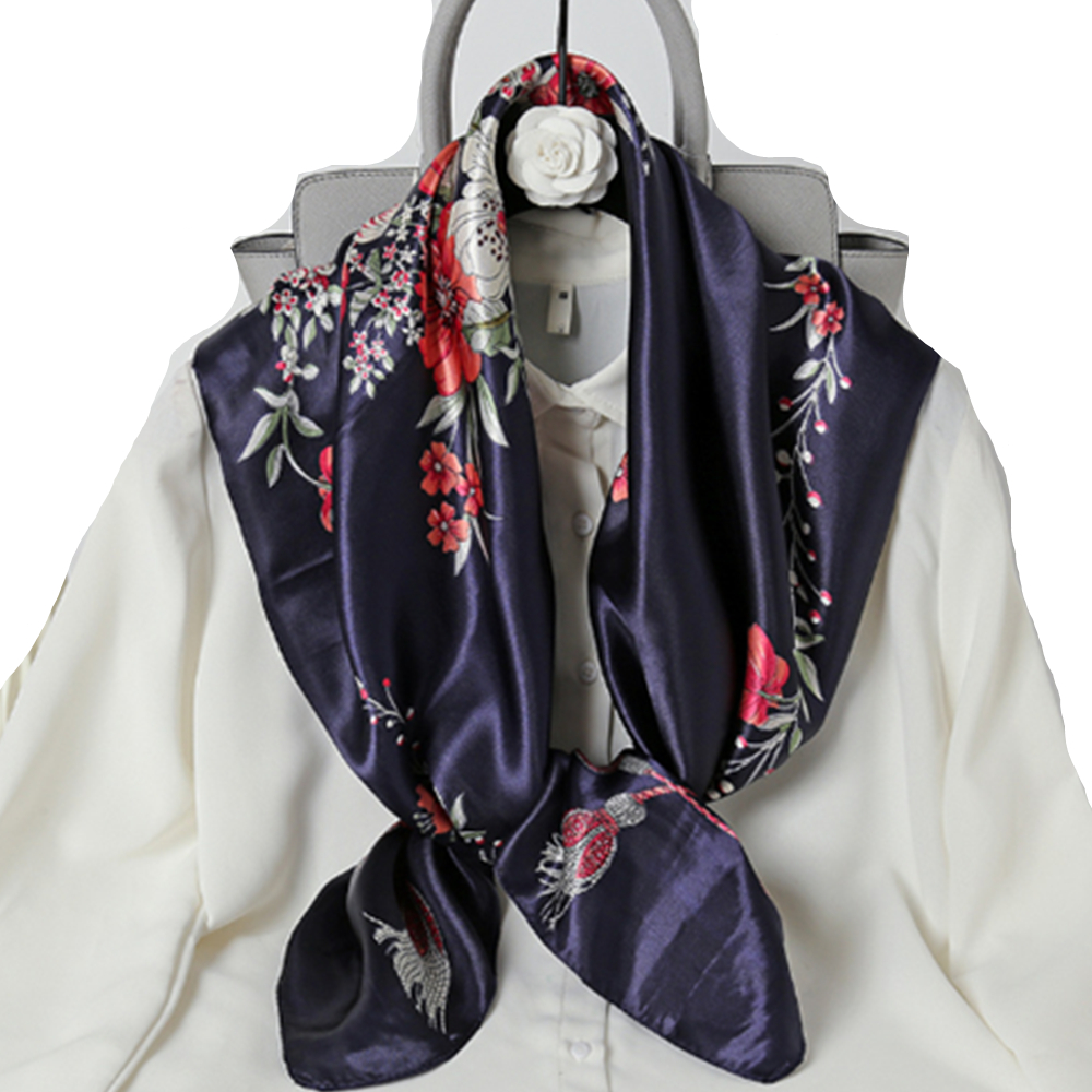 Lady's Satin Floral Printing Square Shawl 2