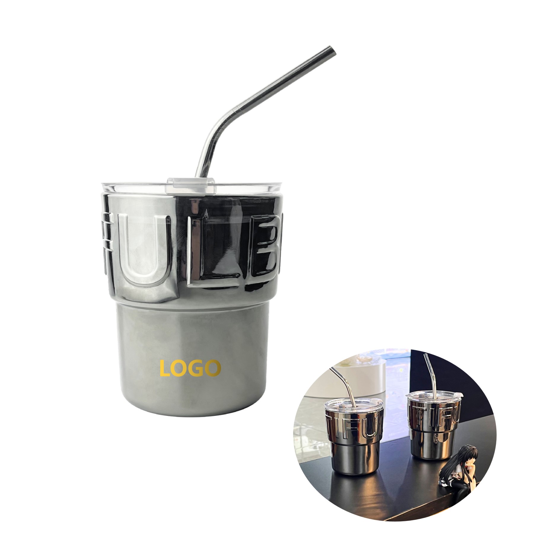 14 oz. Silver Plated Bamboo Insulated Straw Cup (direct import) 2