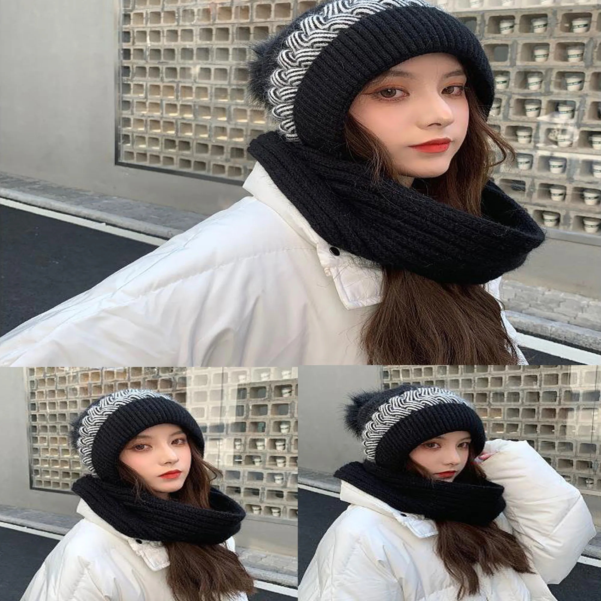 Warm Knitted Women Winter Hat With Scarf Pom-Pom 5