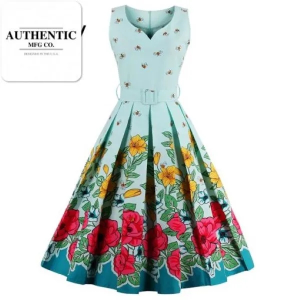 Vintage 1950s Floral Bee Print Party Dress with Sashes 2
