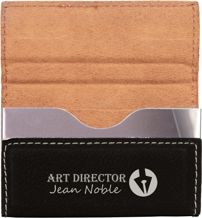 3 3/4" x 2 3/4" Black/Silver Leatherette Hard Business Card Holder 2