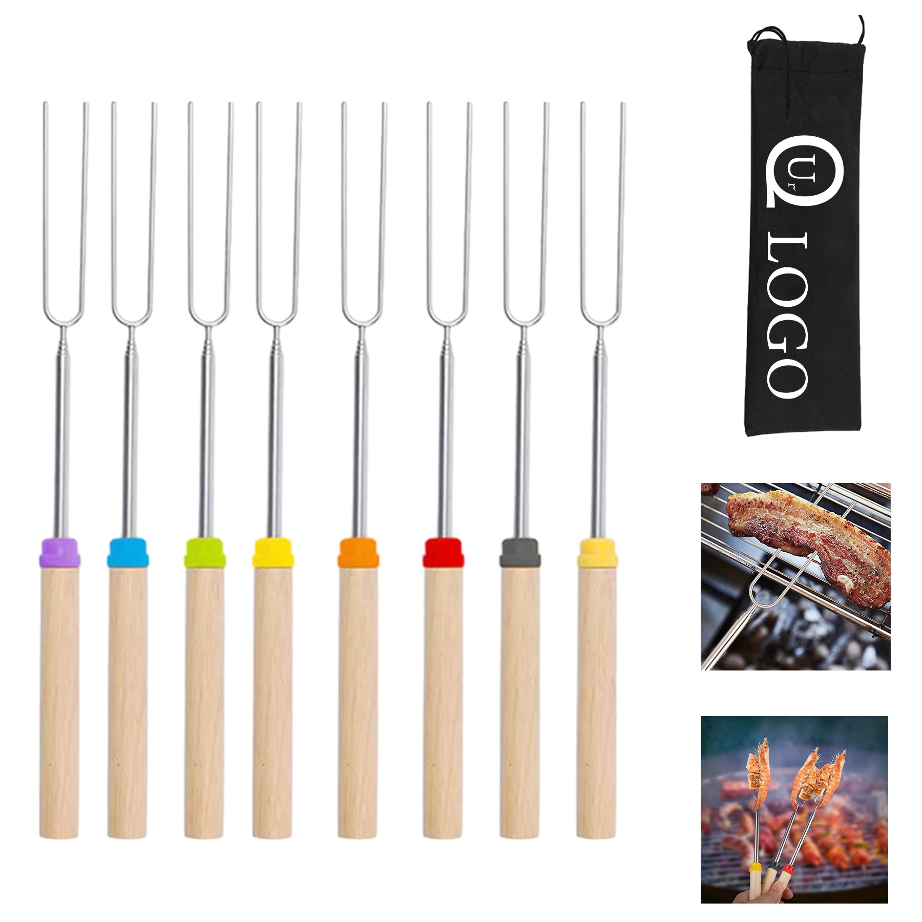 Set 8 Wooden Handle Telescope Barbecue Skewers With Carrying Pouch