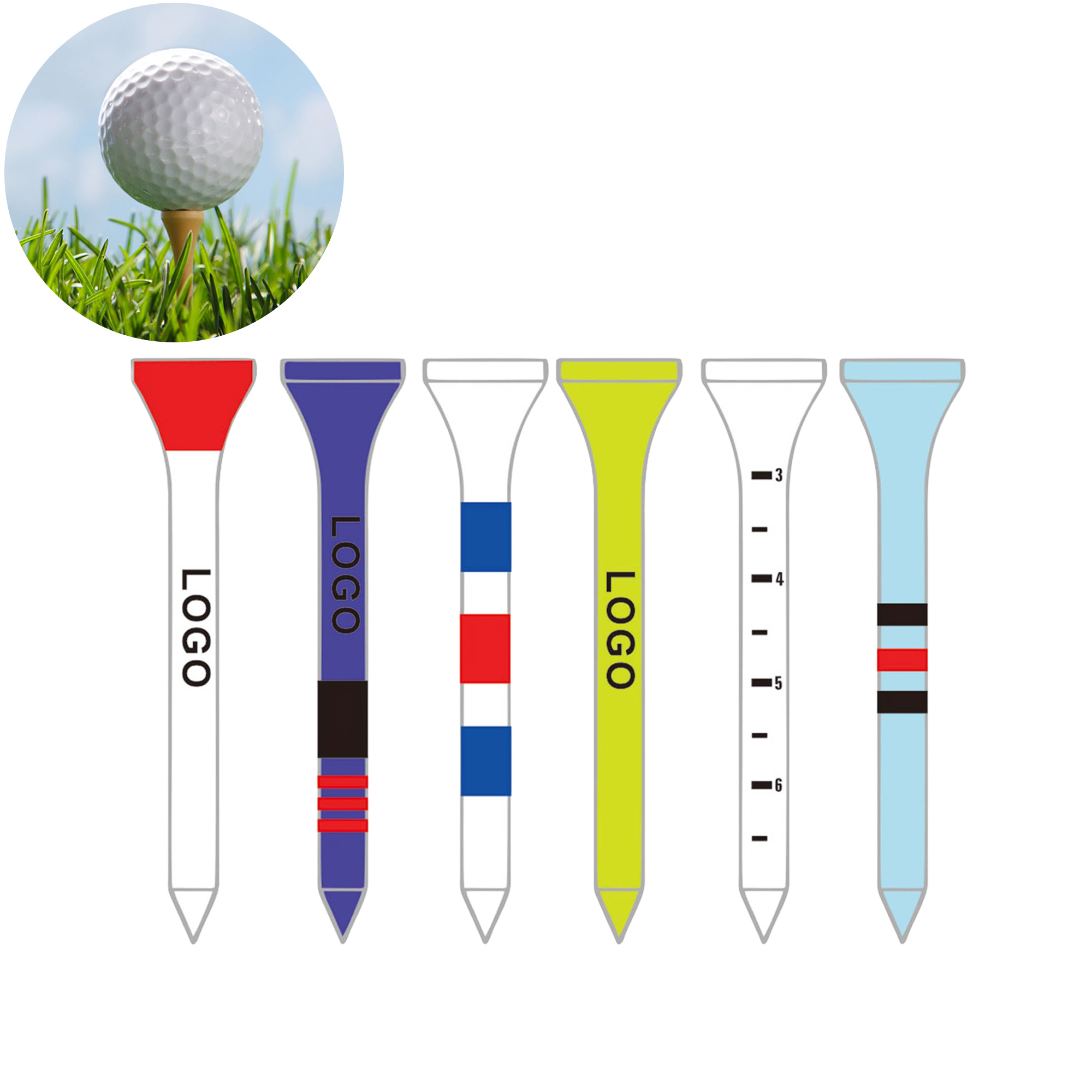 Wooden-finished Golf Tees in Vivid Colors 3.3" x 0.25" 4