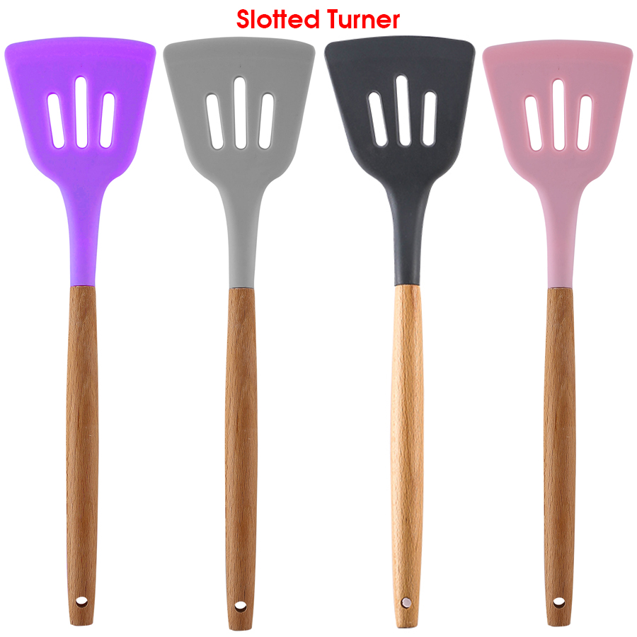 Silicone Cooking or Serving Utensil with Wooden Handle – Sold Individually or as a Set 16