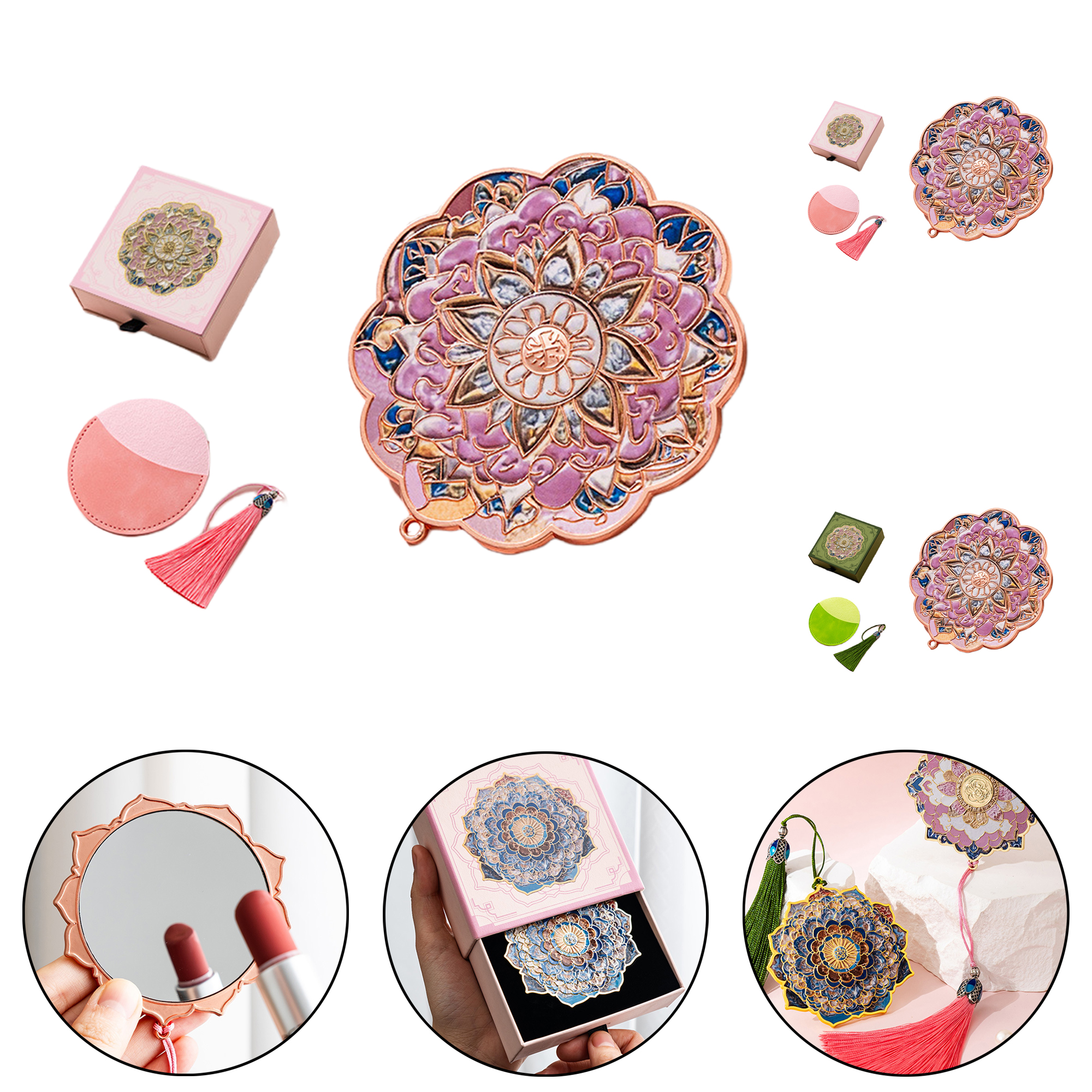 Pink Floral Portable Mirror with Embossed Texture 2