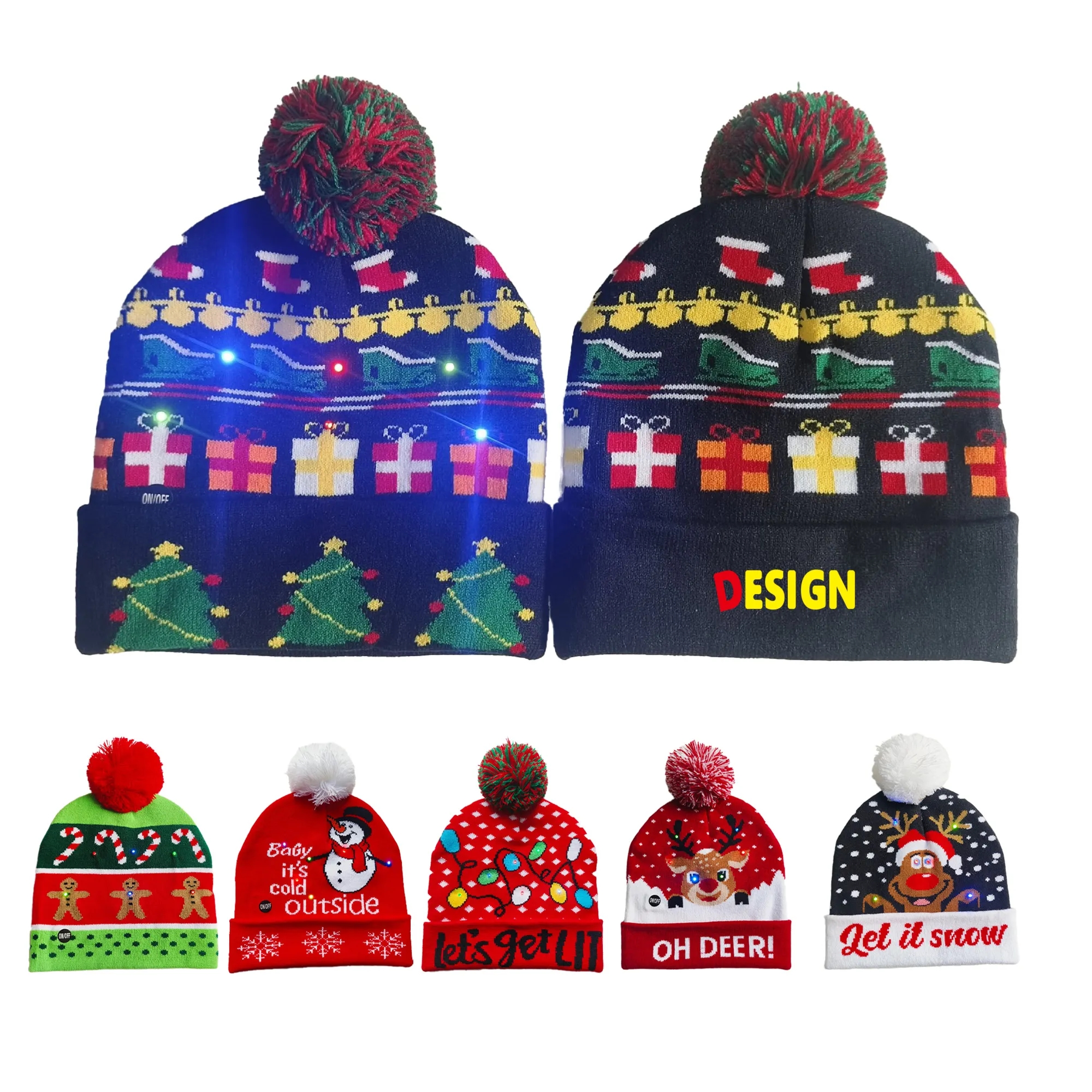 LED Xmas Sweater Hat Winter Christmas Beanie Knitted 2