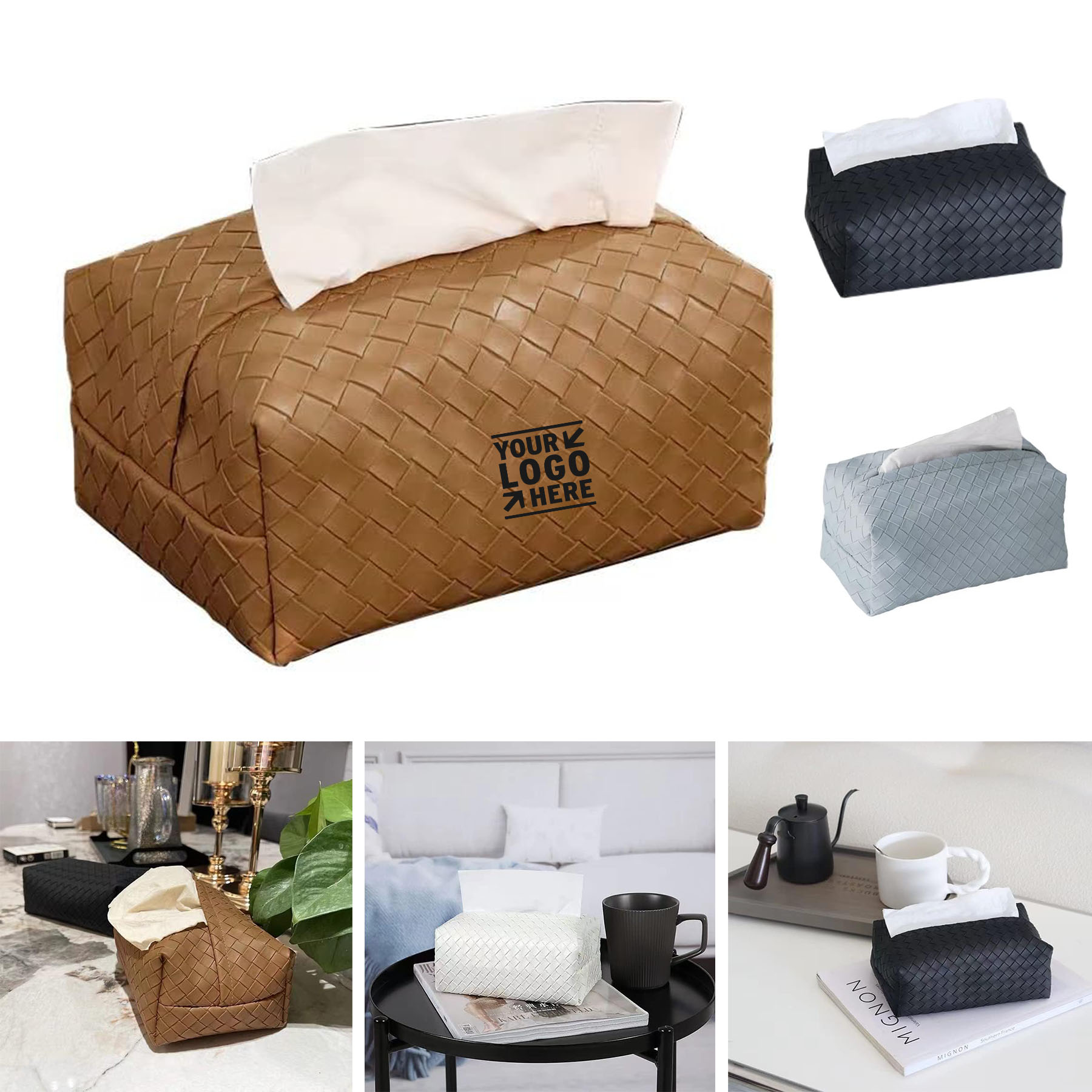 Rectangle Cube Faux Pu Leather Woven Facial Tissue Box Covers Holder Tray Organizer 2