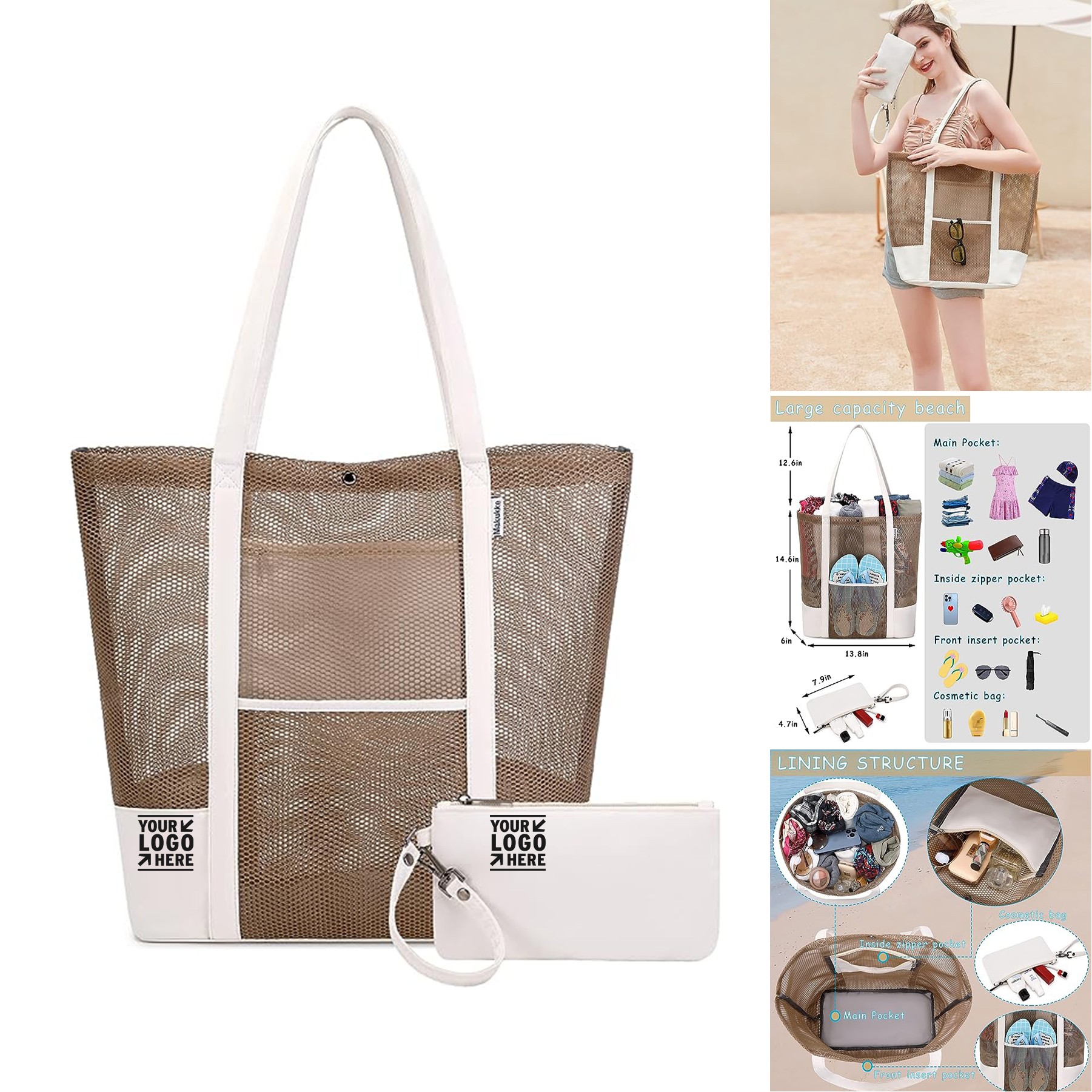 Women Waterproof Mesh Beach Tote Large Sandproof Handbag With Small Purse Pool Bag 1