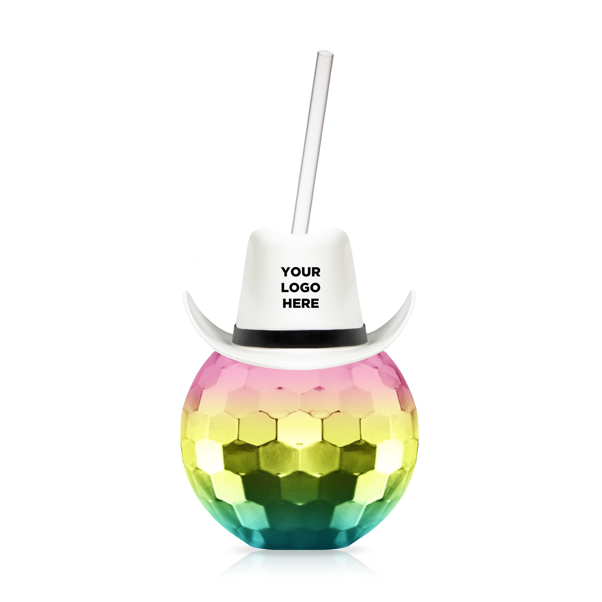 Disco Ball Cup Rainbow w/Straw and White Hat(hat not assembled)(Imprintable)
