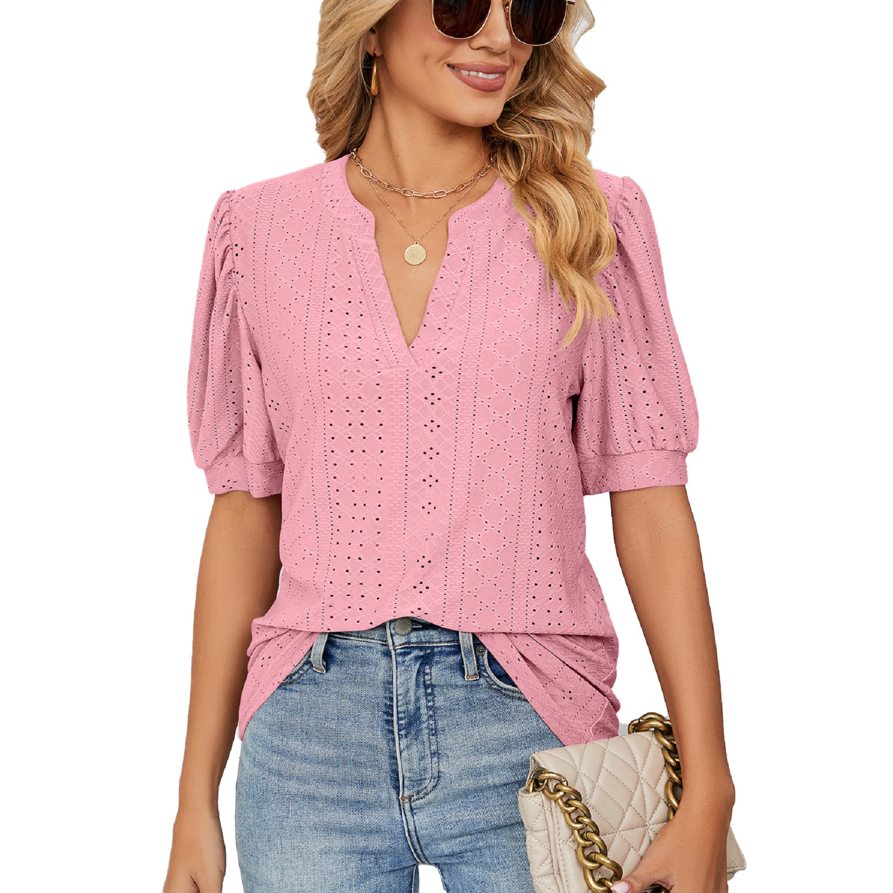 Women's Casual V Neck Solid Color Hollow Short Sleeve 5