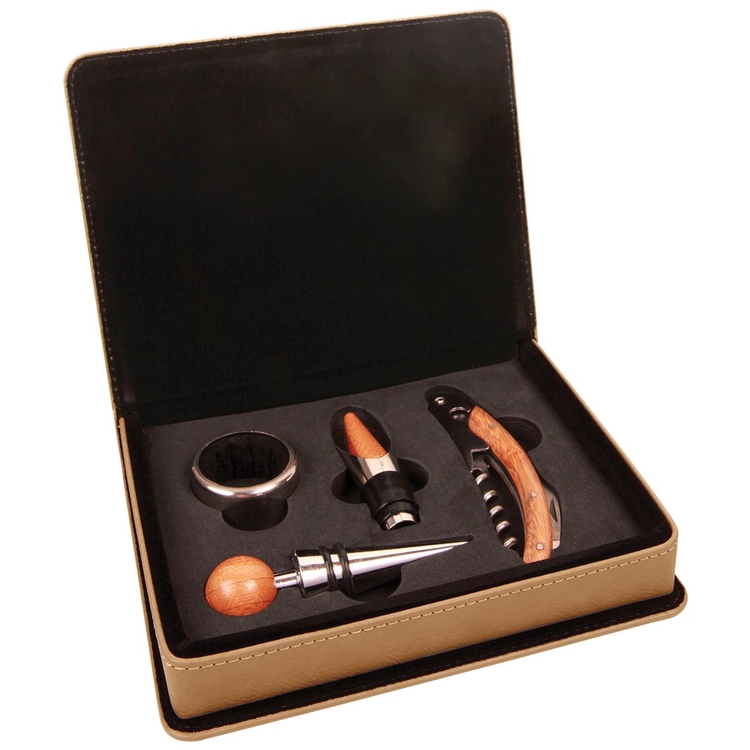Light Brown Leatherette 4-Piece Wine Tool Set 4