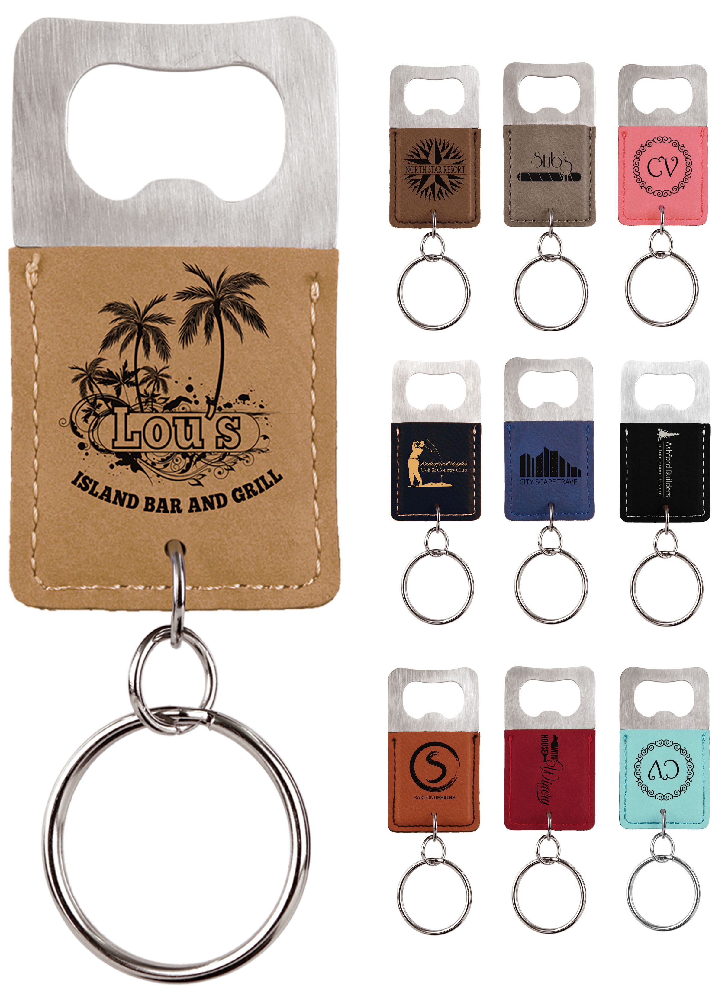 Branded Rectangle Laserable Leatherette Bottle Opener Keychain
