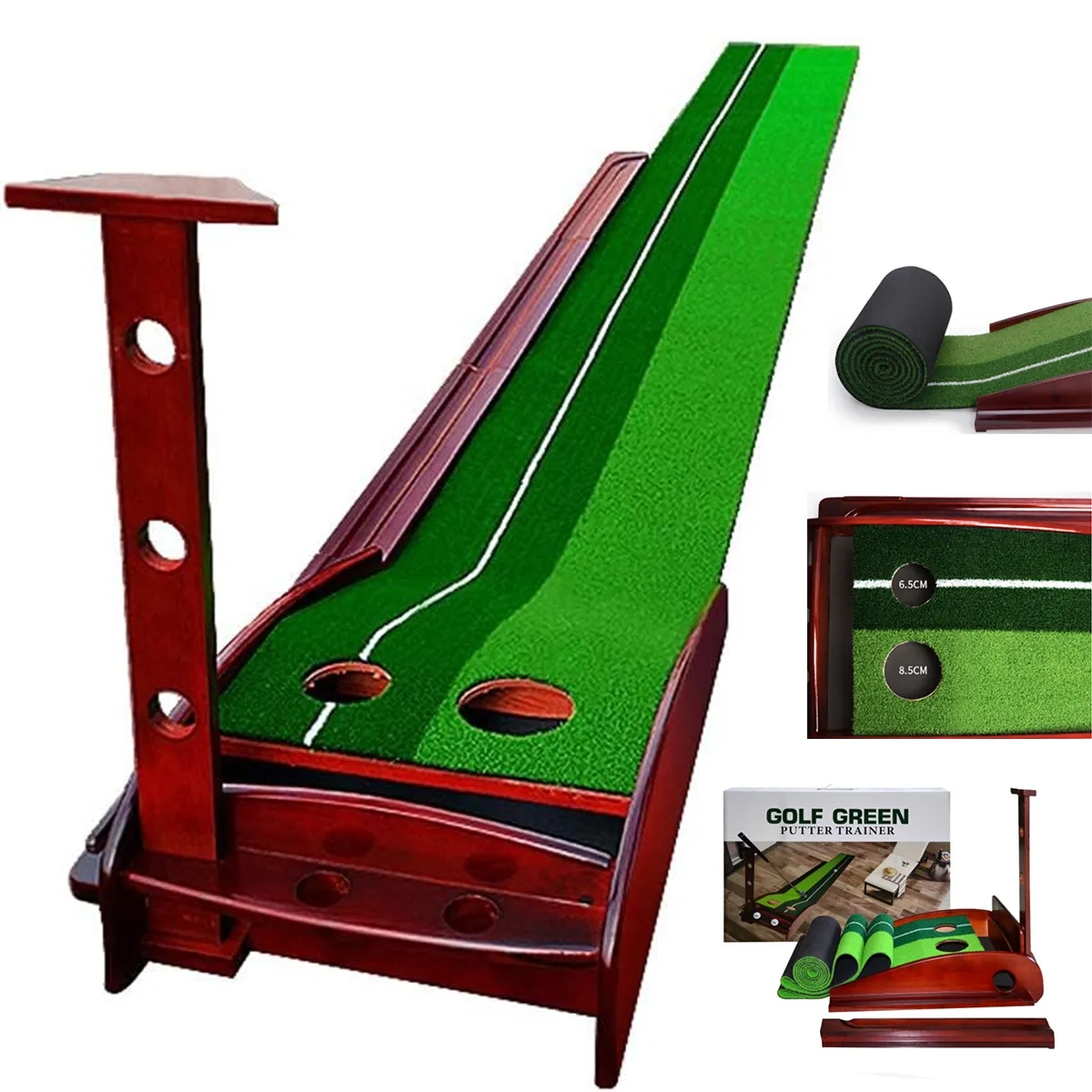Wood Indoor Golf Putting Mat Green with Ball Return 1