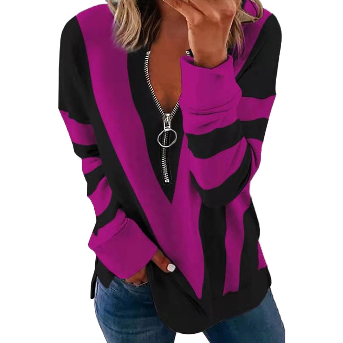 Long Sleeve Zipper V Neck Printed Tops T-Shirts 4