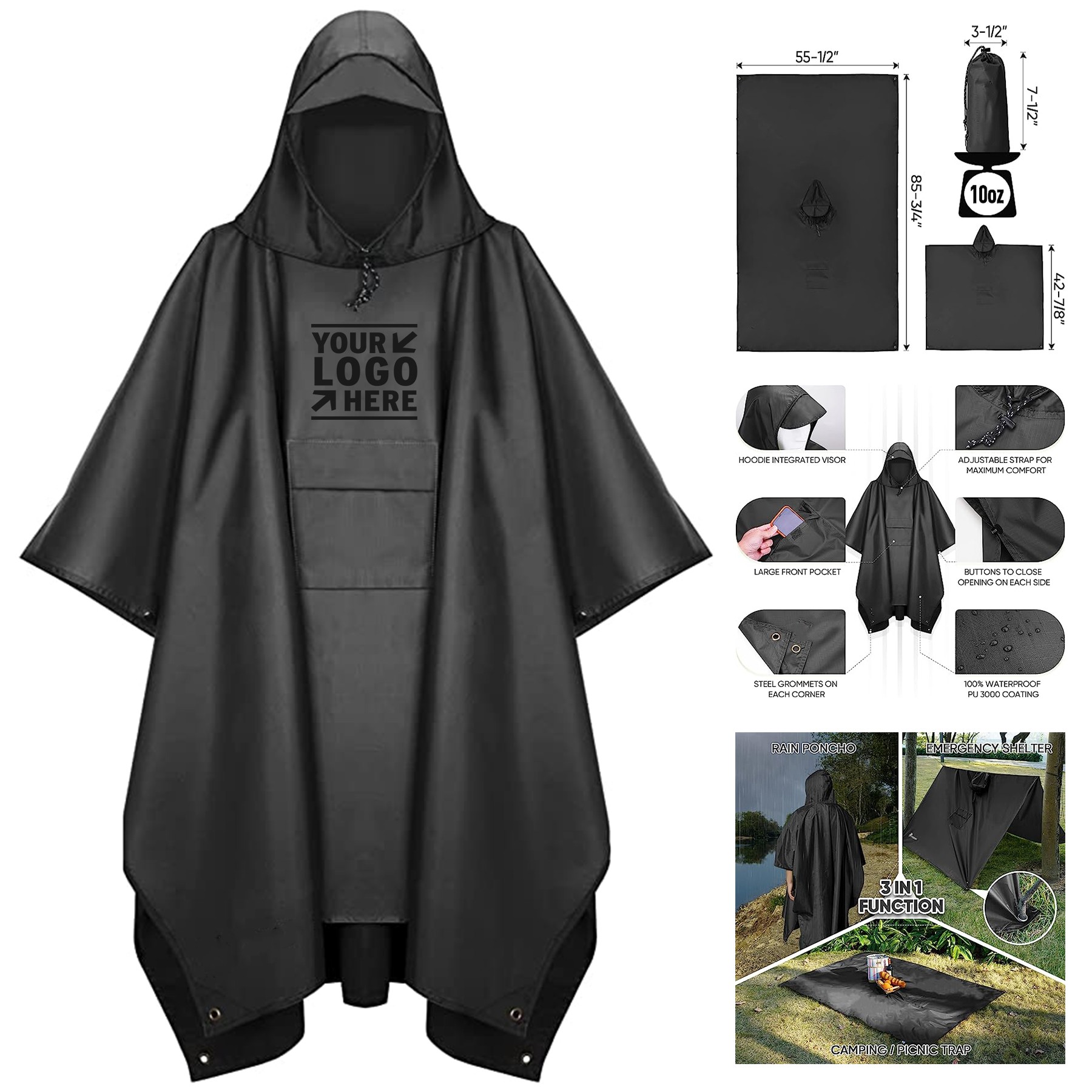 Hooded Rain Poncho for Adult with Pocket 2