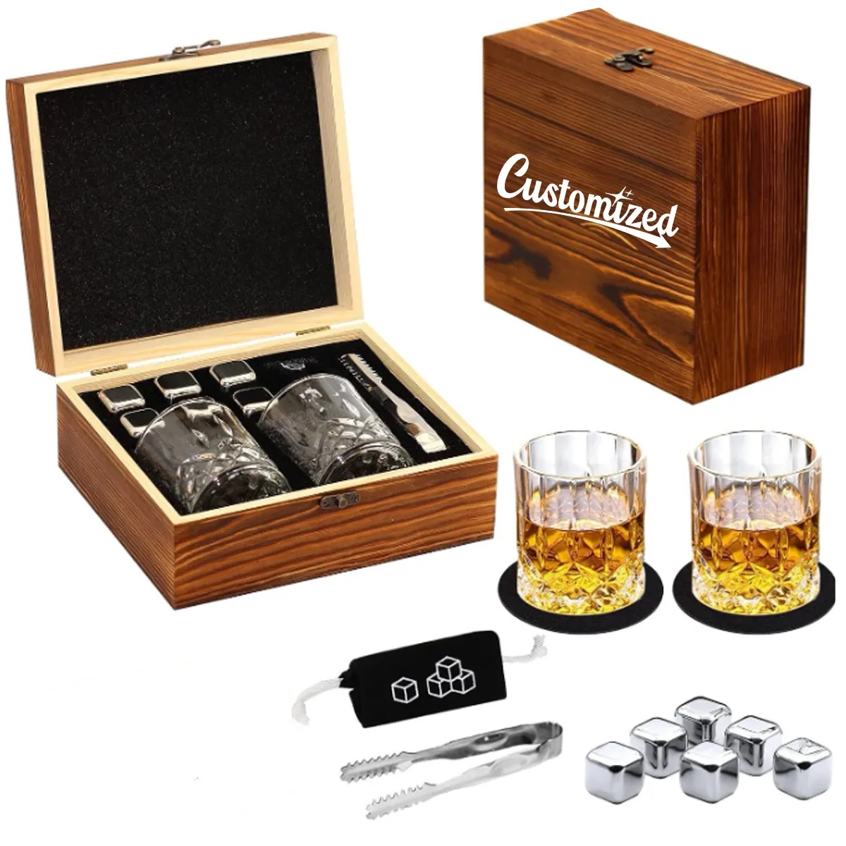 Whiskey Glasses Gift Set Stainless Steel Stones Wood Box 8