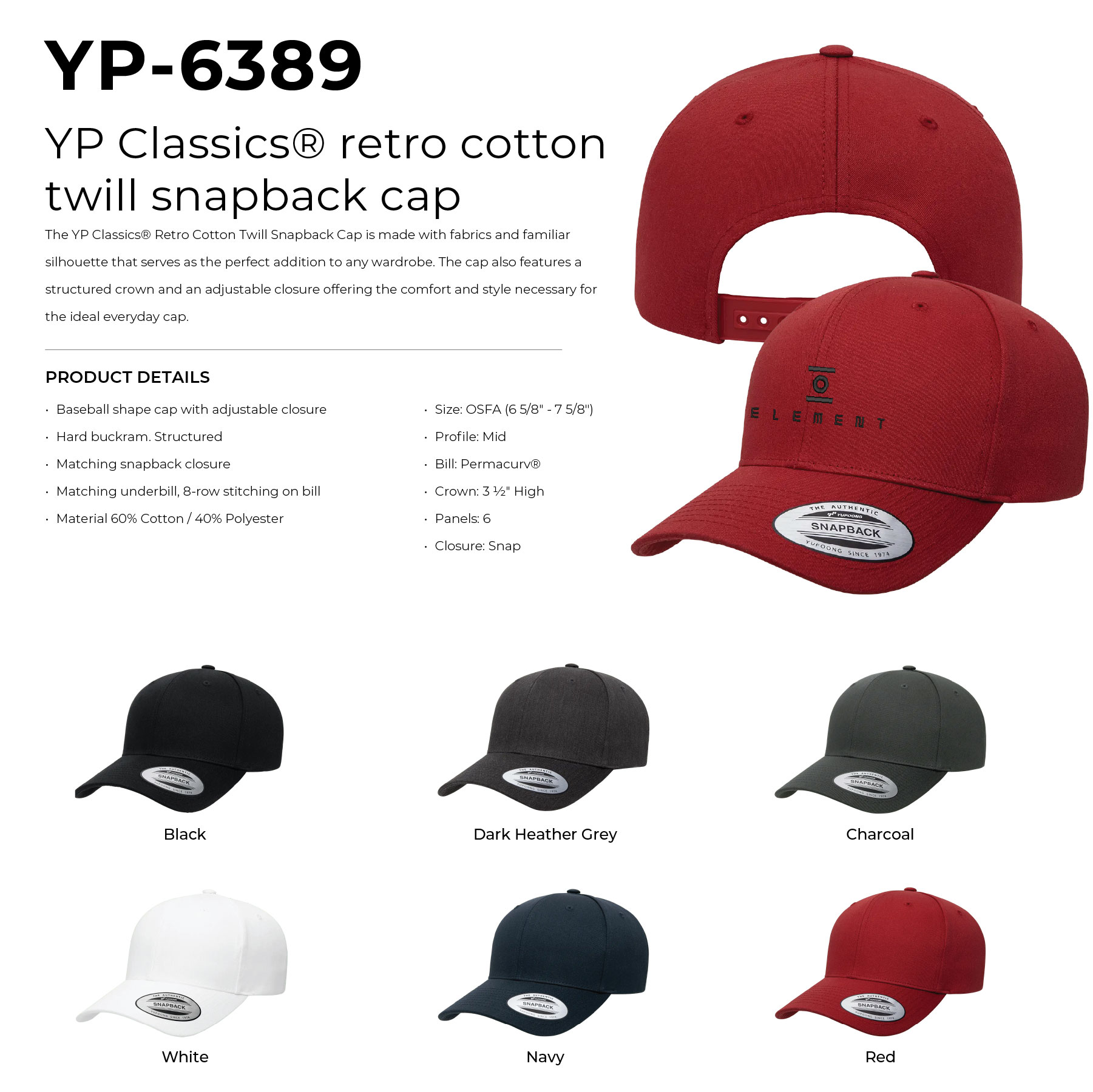 YP Classics 6389 YP Classics – CVC Snapback Hat with Leatherette Patches or Embroidery 26