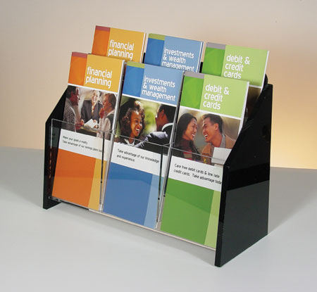 Countertop Brochure Holder Clear w/Black Ends 2-tier 6 pockets
