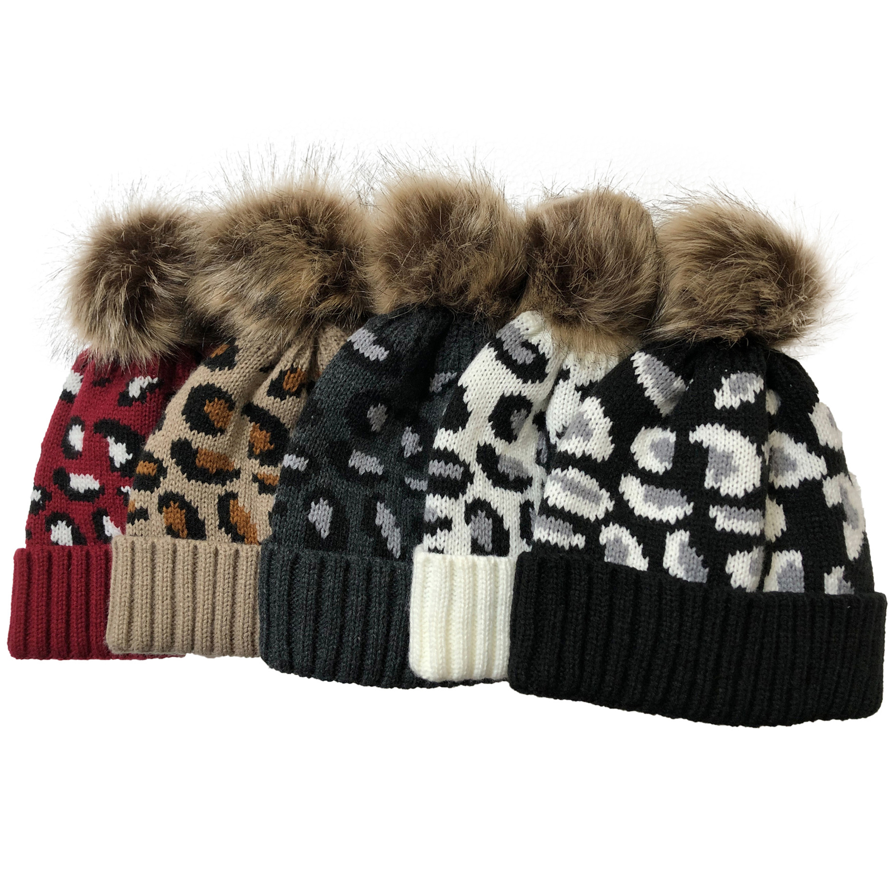 Winter Knitted Leopard Pom Beanie Hat For Women 3