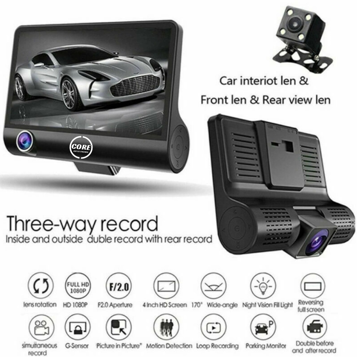 3 Lens Cameras Car Dash Cam with 4 inch Reverse Full Screen 5