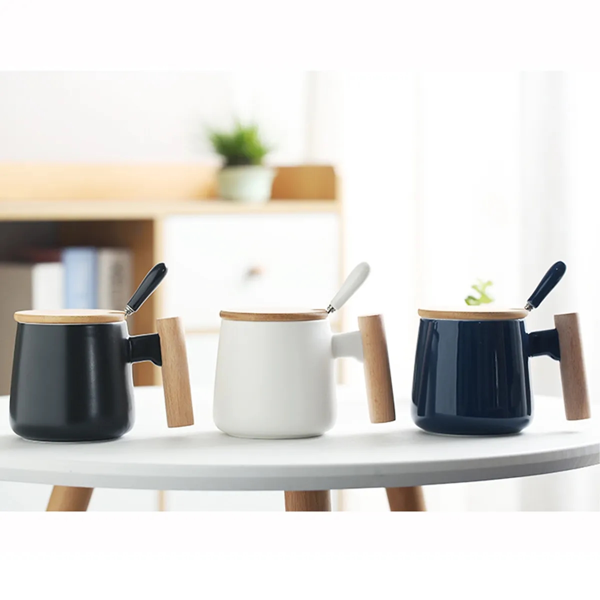 13 Oz. Ceramic Coffee Tea Mug Cup With Wooden Handle Lid 10