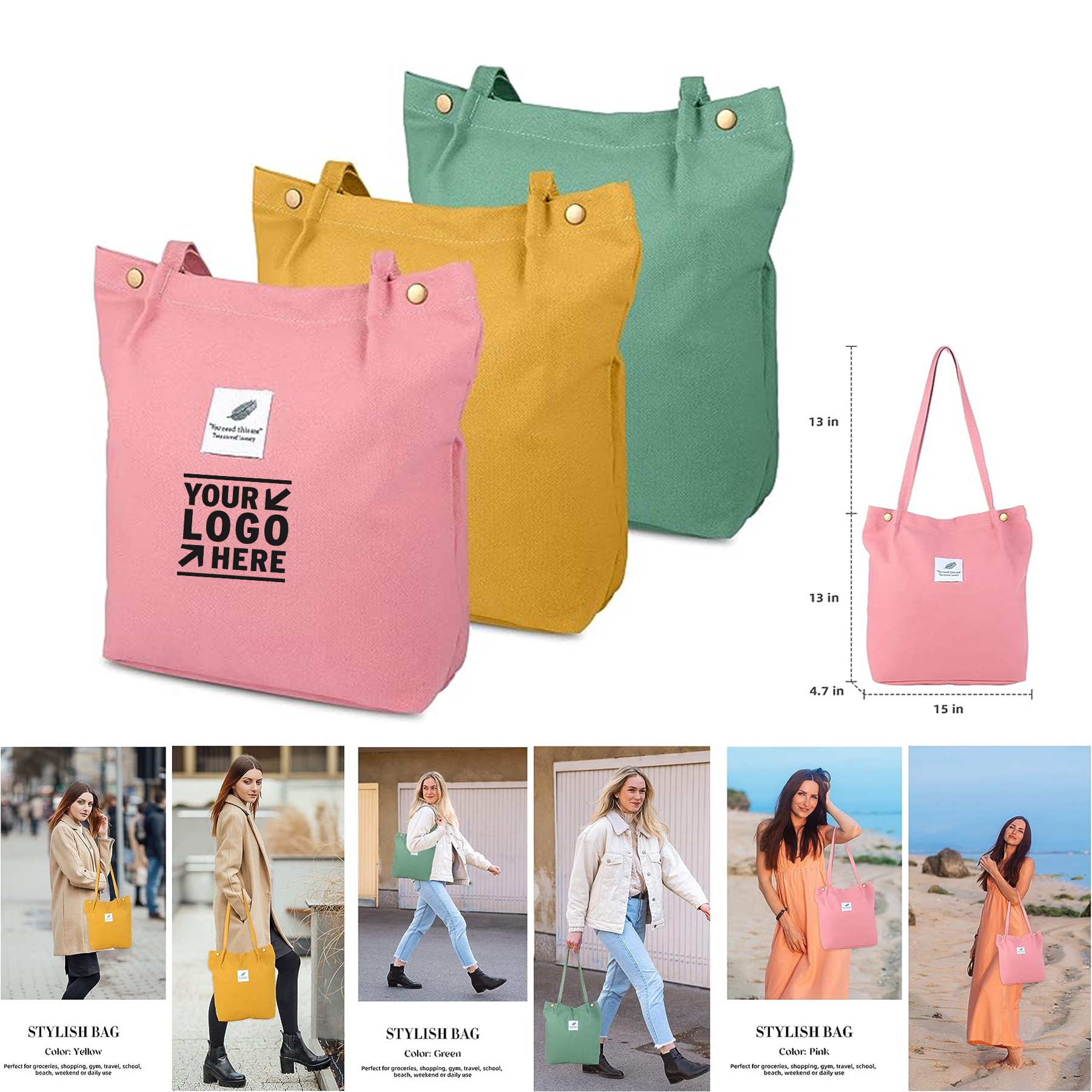 Women Travel Reusable Grocery Shoulder Canvas Tote Inner Zipper Pocket Bag 3