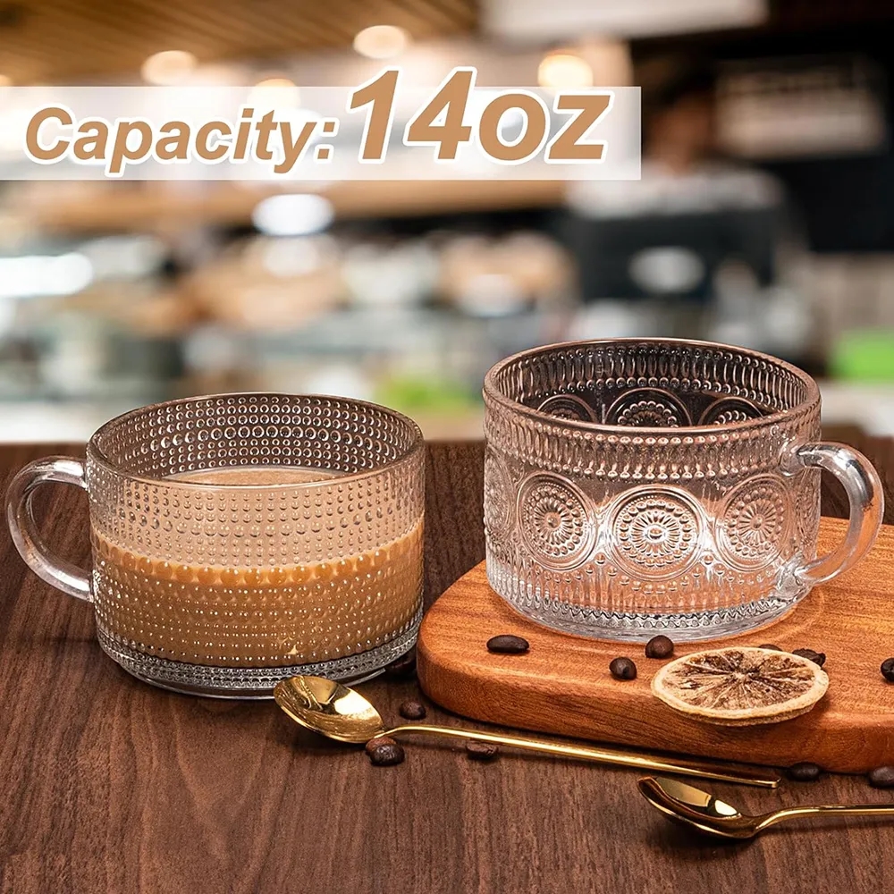 14oz Embossed Glass Iced Coffee Mugs Cups with Lids 1