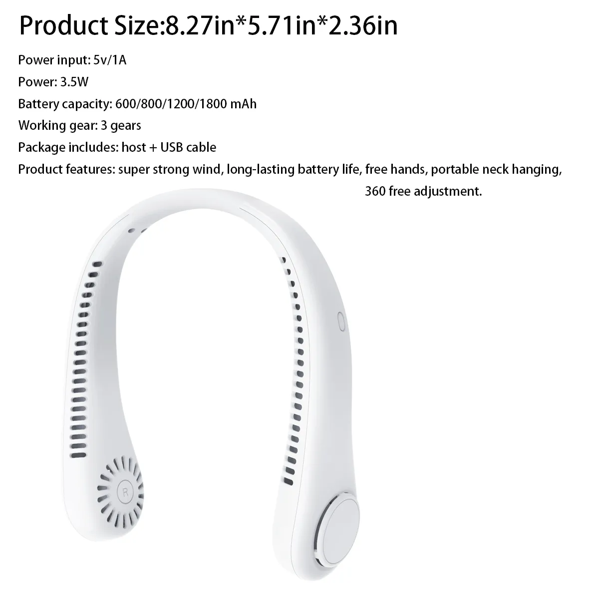 1800mAh Personal Portable USB Neck Fan Hands Free bladeless 6