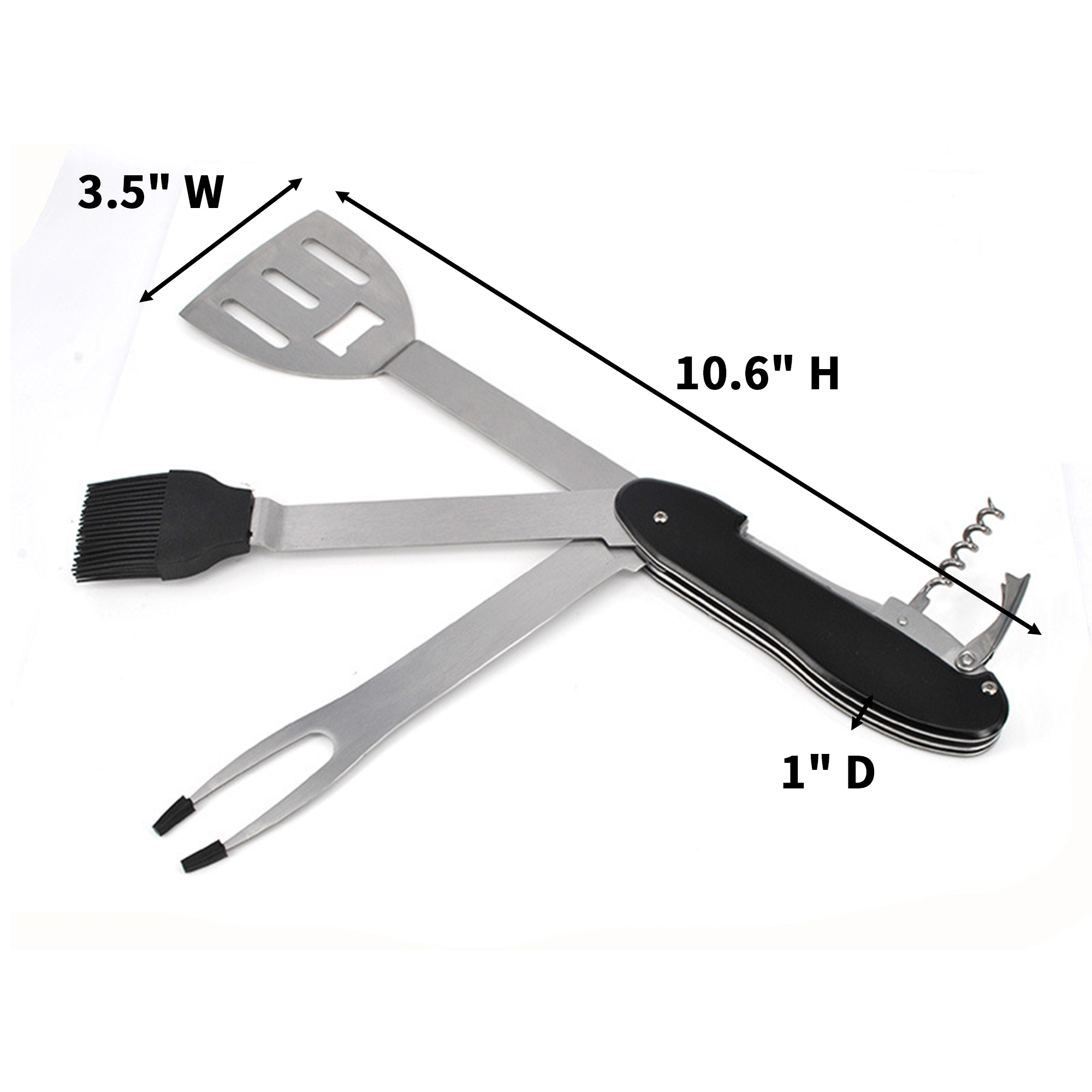 Foldable Grill Multi Tool With Spatula Fork Brush Opener 10.6" 2