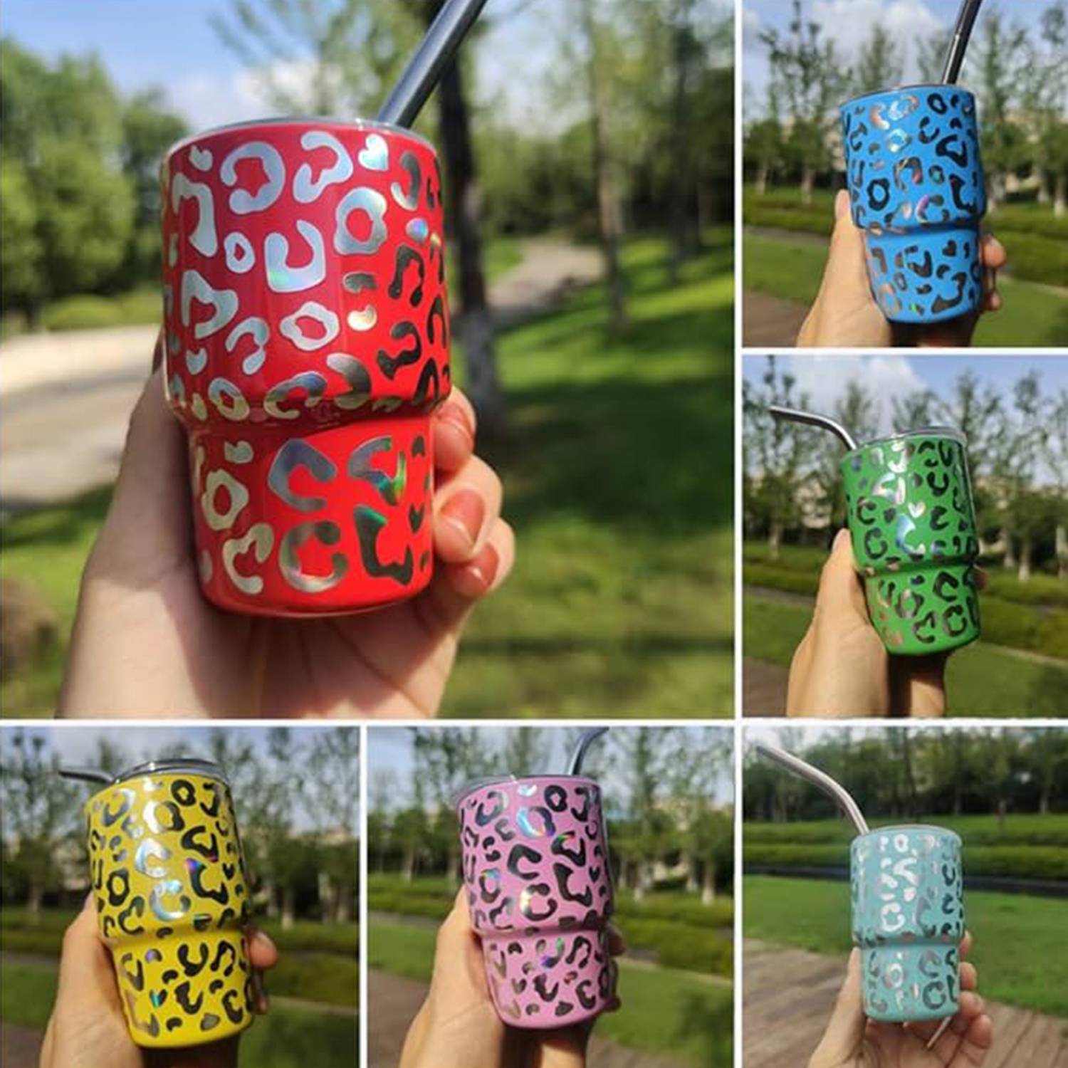 2 OZ Mini Leopard Print With Straw Stainless Steel Party Cup 6