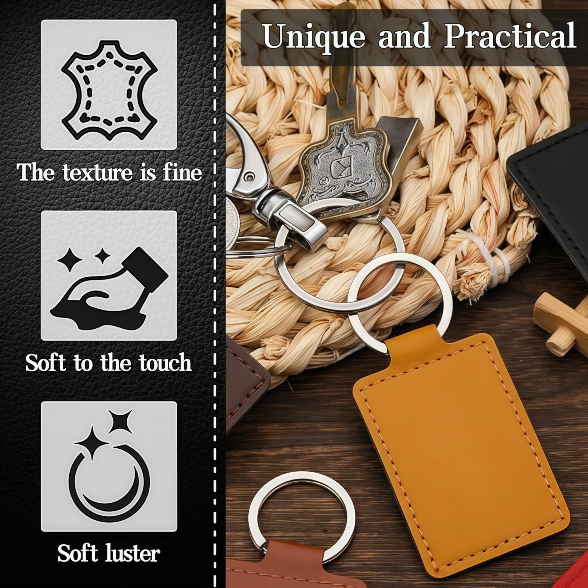 Lychee Pattern PU Leather Keychain With Metal Rings 4