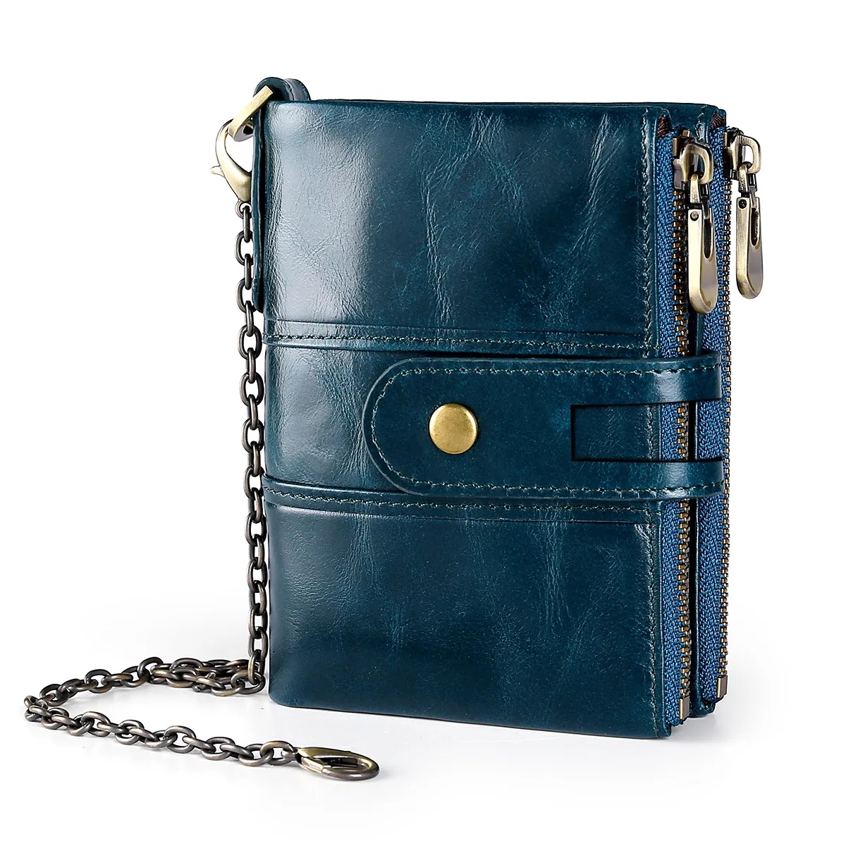 Genuine Leather Detachable Mezzanine RFID Chain Wallet 6