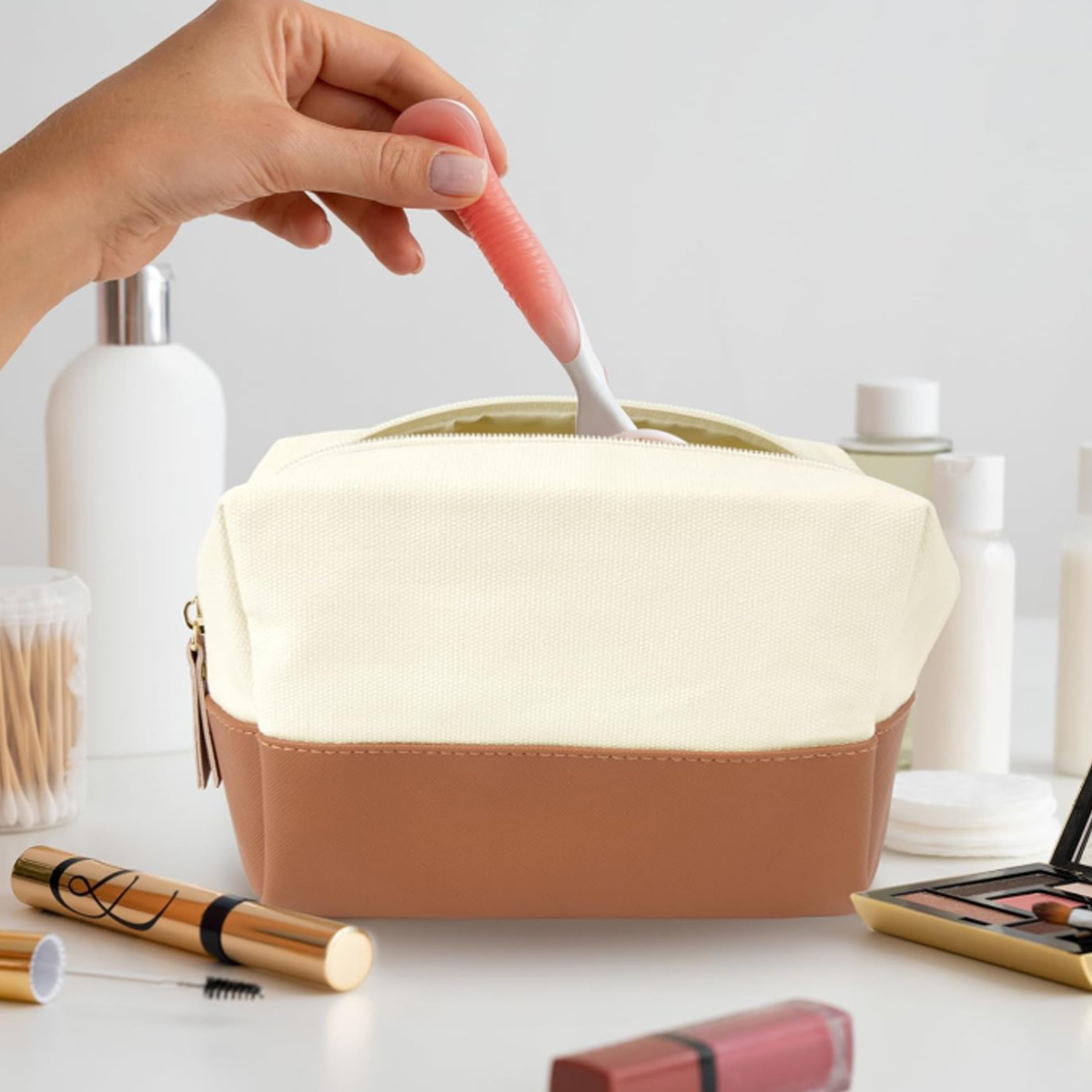 7L Canvas & PU Leather Zippered Cosmetic Makeup Bag 2