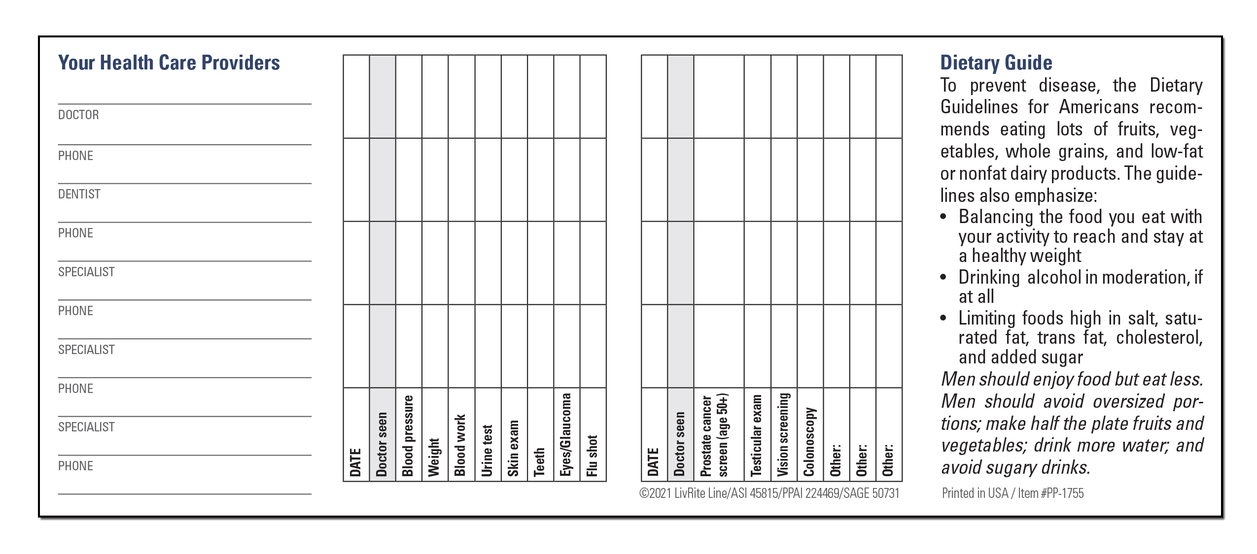 POCKET PAMPHLET - A Man's Health Record & Dietary Guide Pocket Pamphlet 2