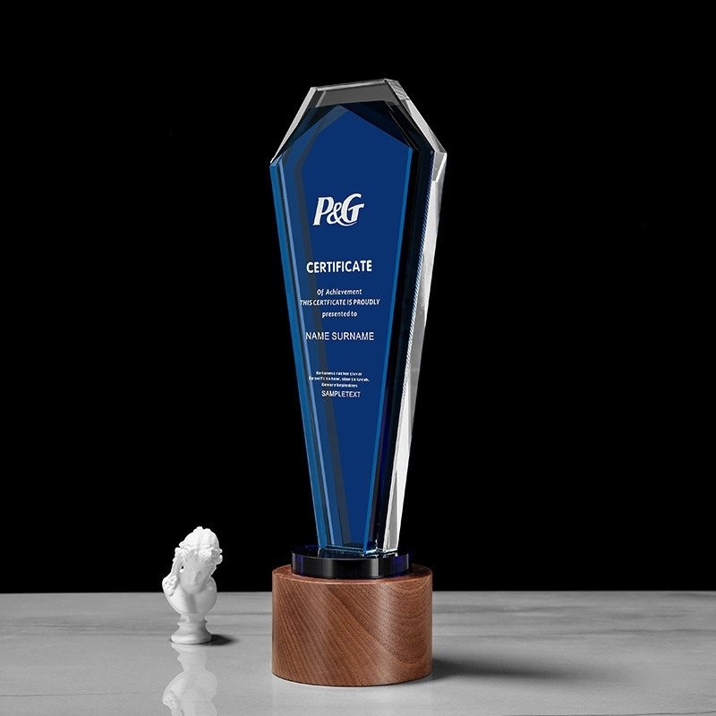 Plaque Design Blue Crystal Trophy with Wooden Base 2