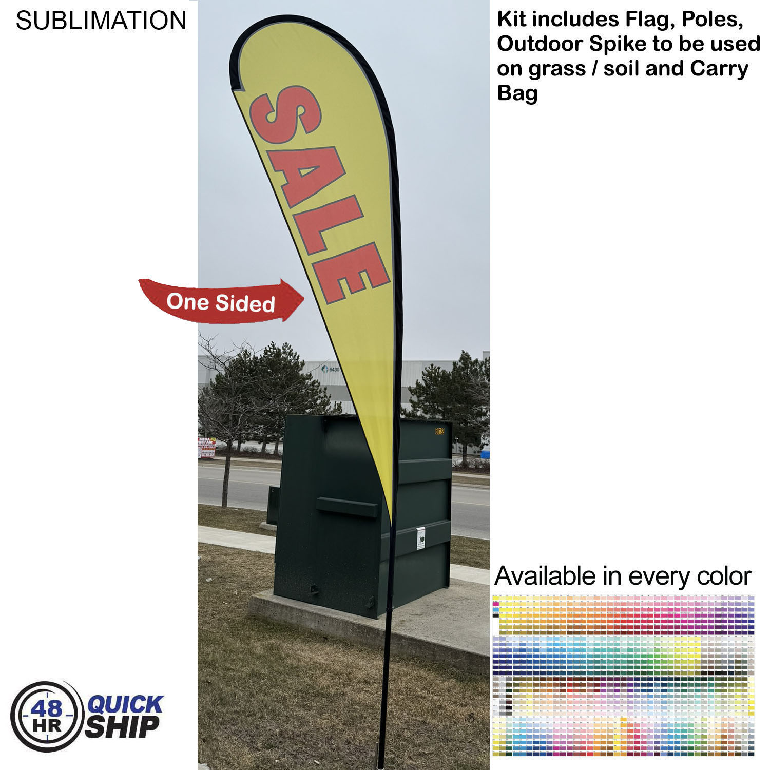 48 Hr Quick Ship - 13.5' Large Tear Drop Flag Kit, Full Color Graphics One Side, Spike and Bag. 10