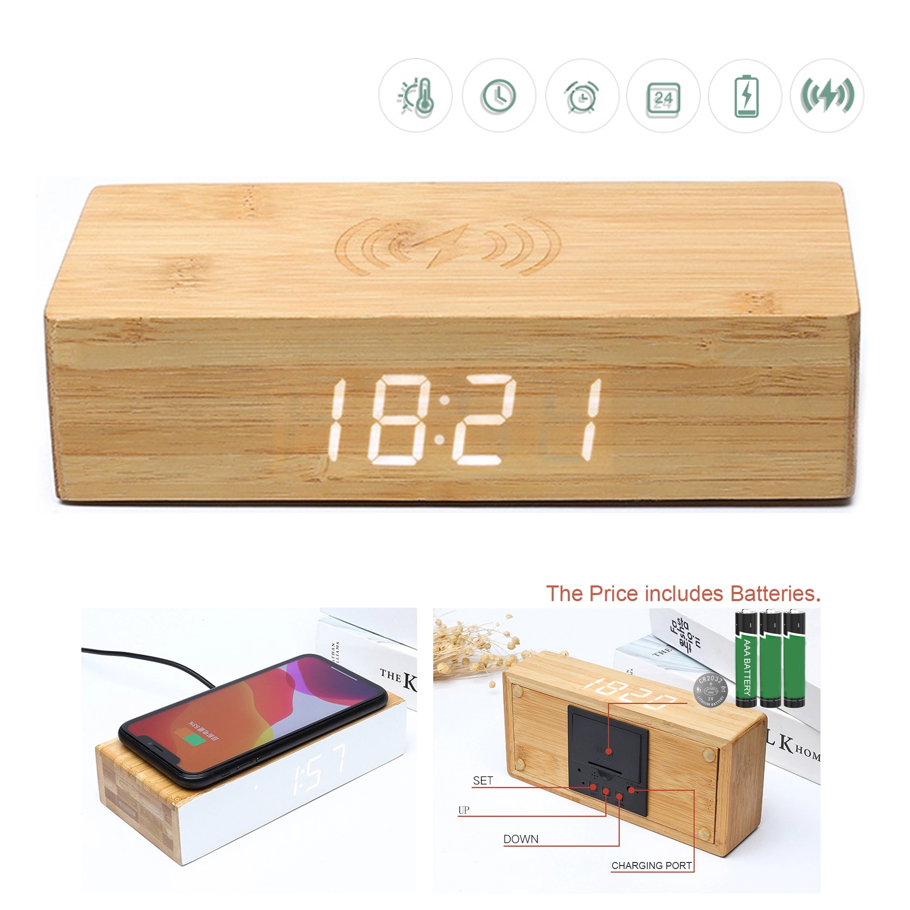5W Wireless Charging Bamboo LED Alarm Clock 2