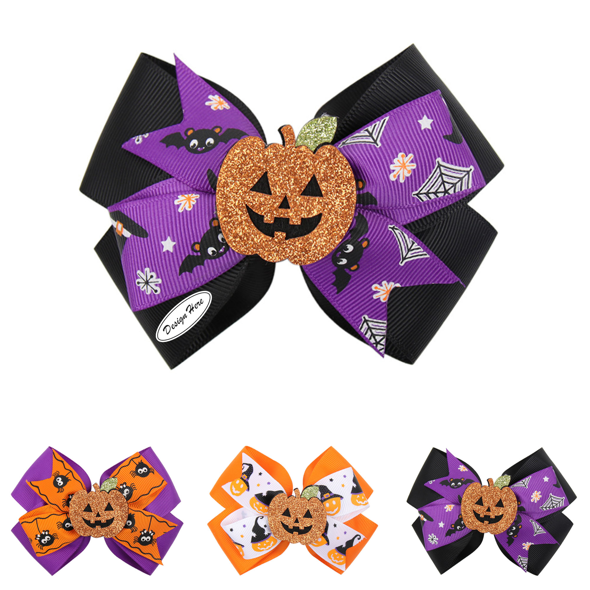 Halloween Spider Pumpkins Hair Bows Clips 1