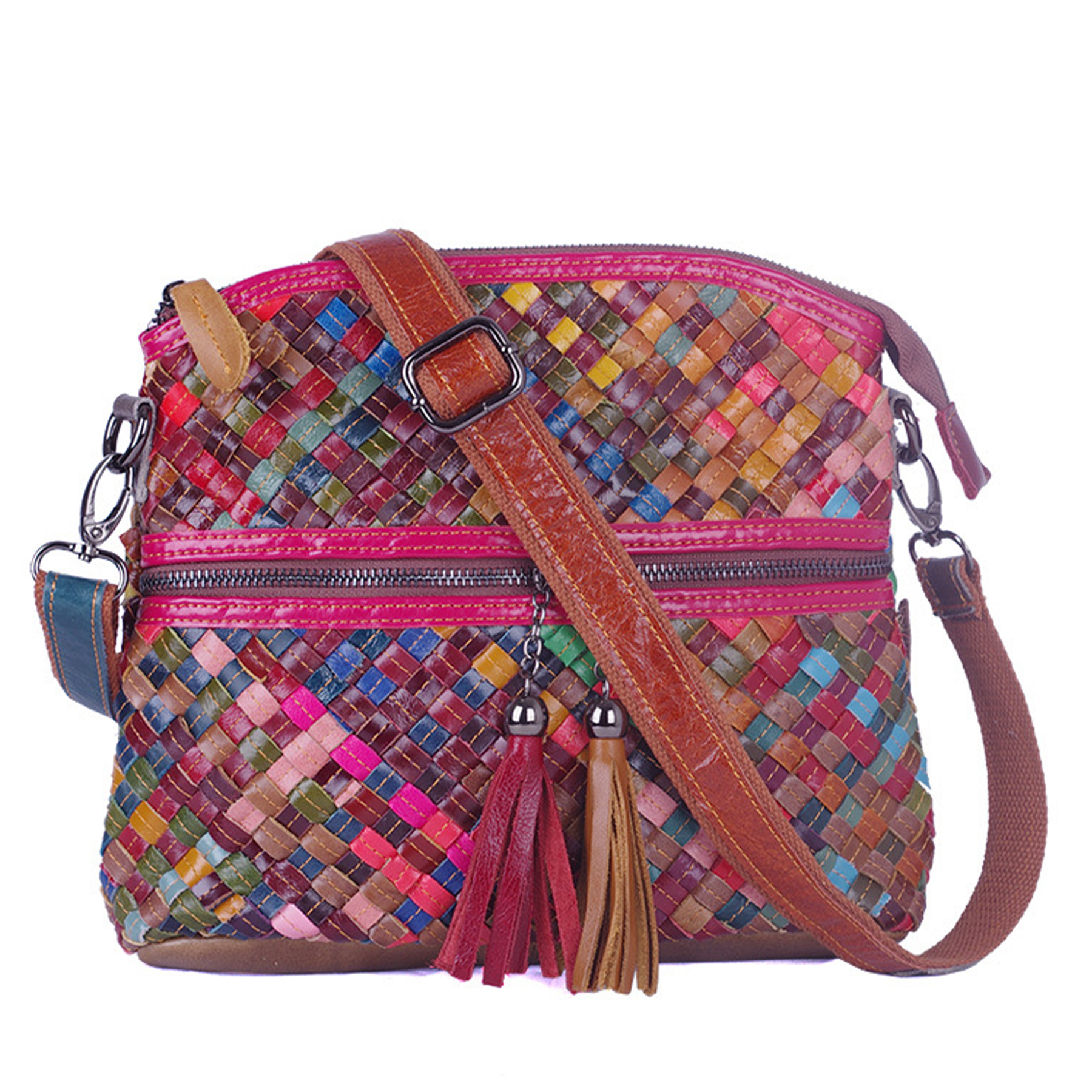 Genuine Leather Contrasting hand-fringed floral paneling bag 5