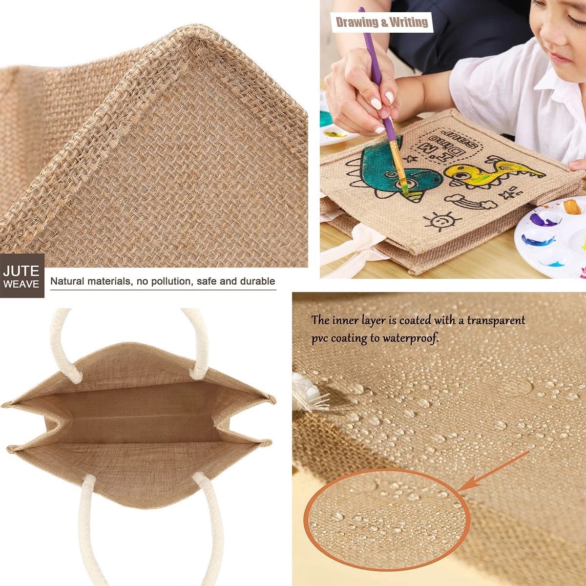 Natural Linen Jute Reusable Tote Bag With Handles 2