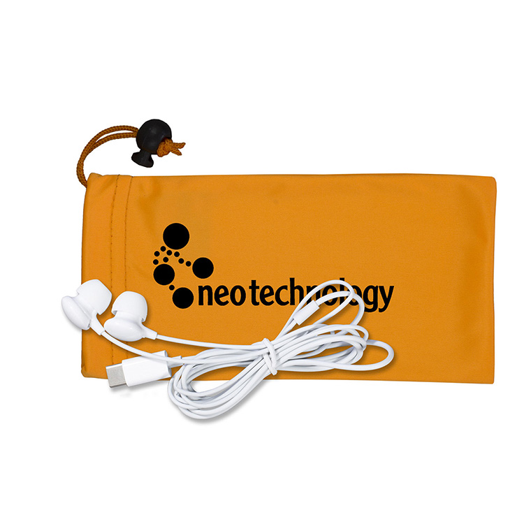 Mobile Tech Earbud Kit in Microfiber Cinch Pouch Components inserted into Microfiber Pouch 3