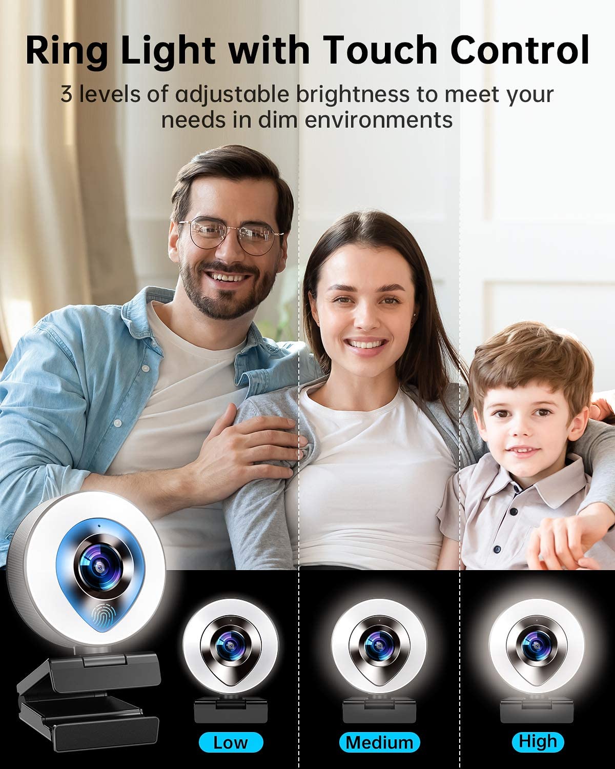 1080P HD Webcam Built in Touch Adjustable Ring Light Camera 5