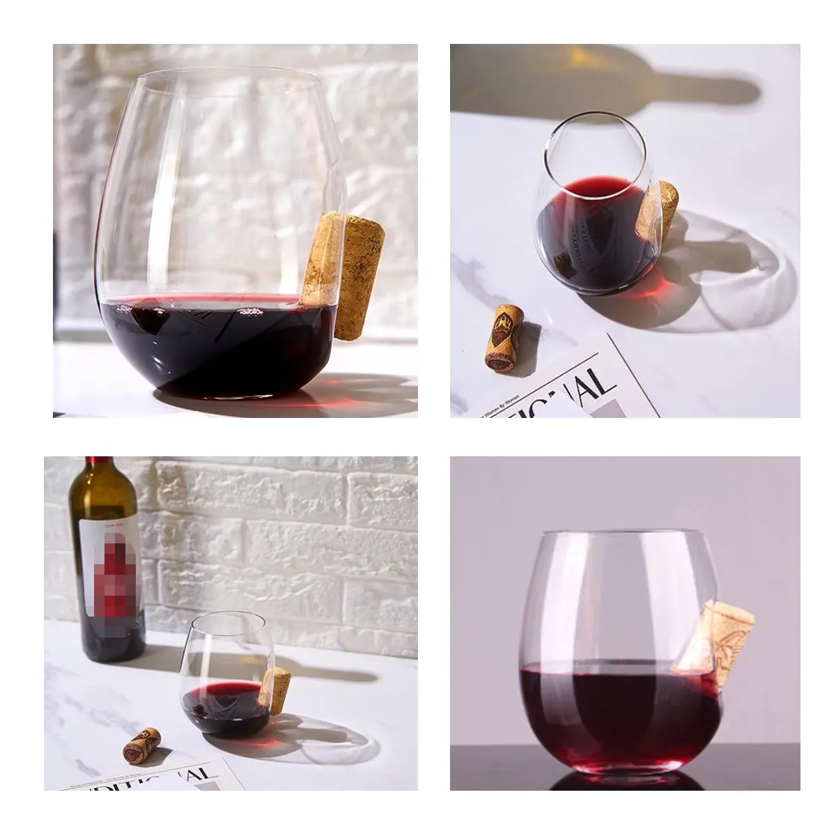 4 Pcs Classic Elegant Transparent Corked Stemless Wine Glass 5