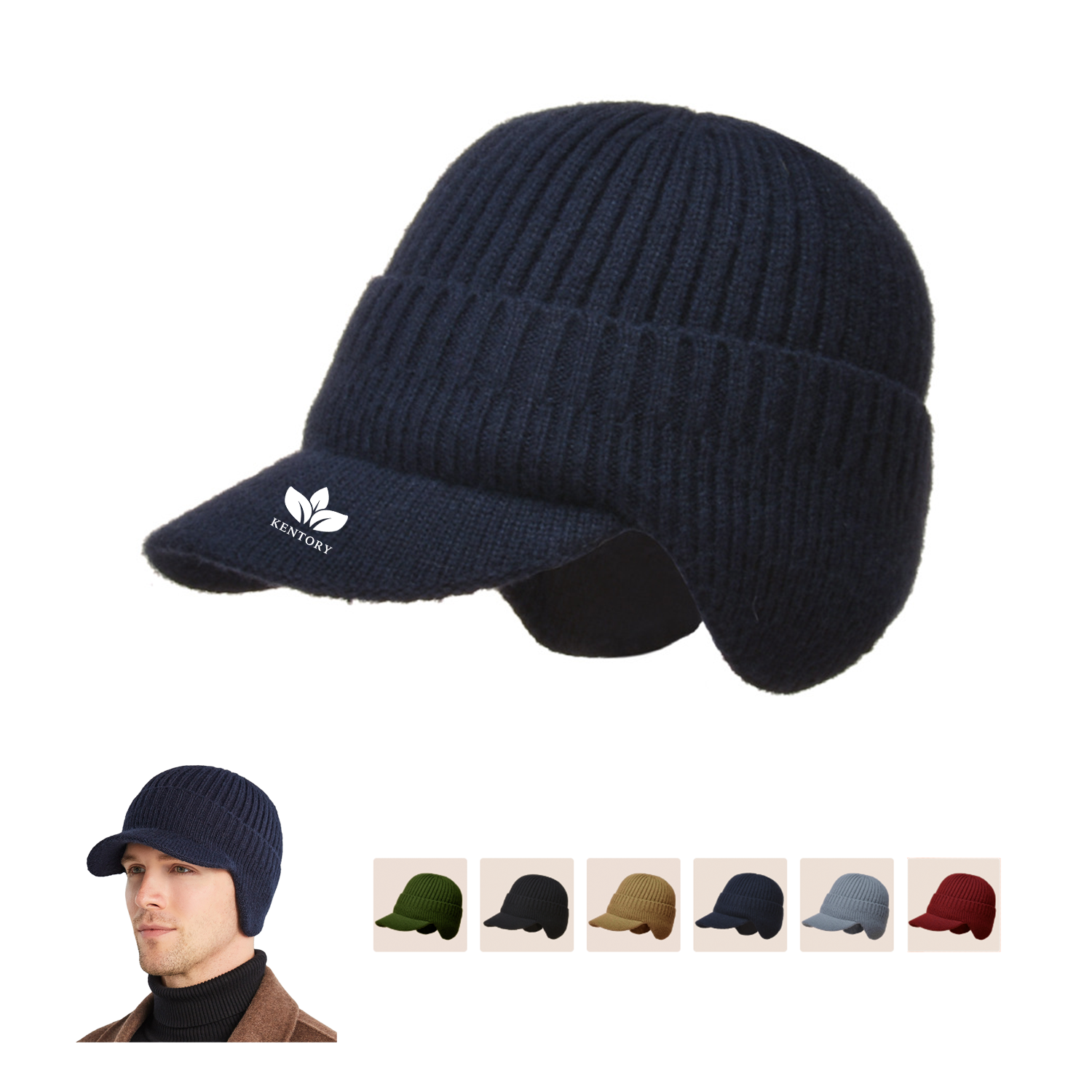 Mens Winter Beanie Visor With Earflap Hat 2