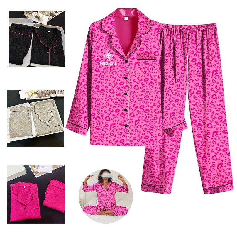 Silk Nightgown Satin Leopard Jacquard Solid Color Long Sleeve Trousers Women Two Pieces Pajamas 2