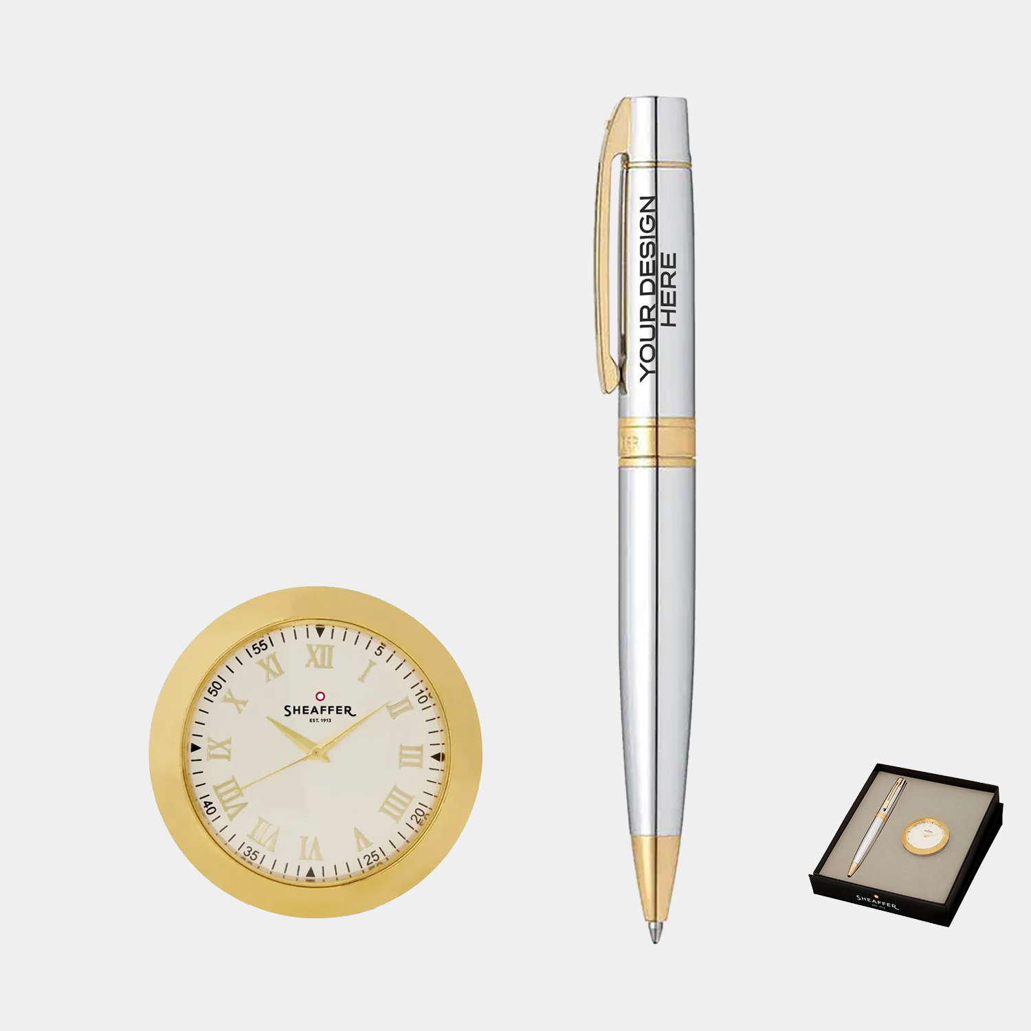 SHEAFFER® Executive Gift Set Bright Chrome 300 Ballpoint Pen with Table Clock 1