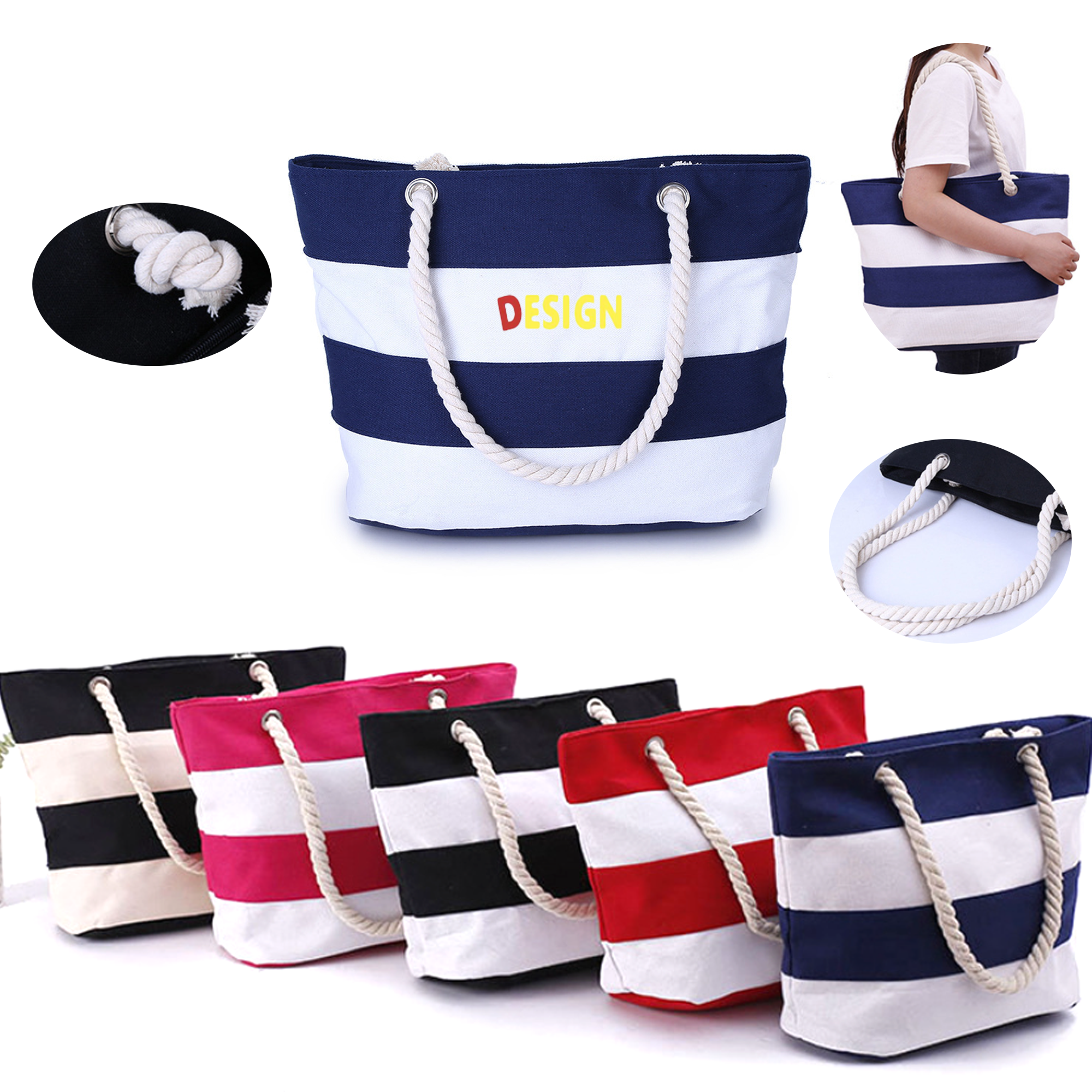 Striped Canvas Tote with Rope Handles, custom tote bag with logo imprint 4