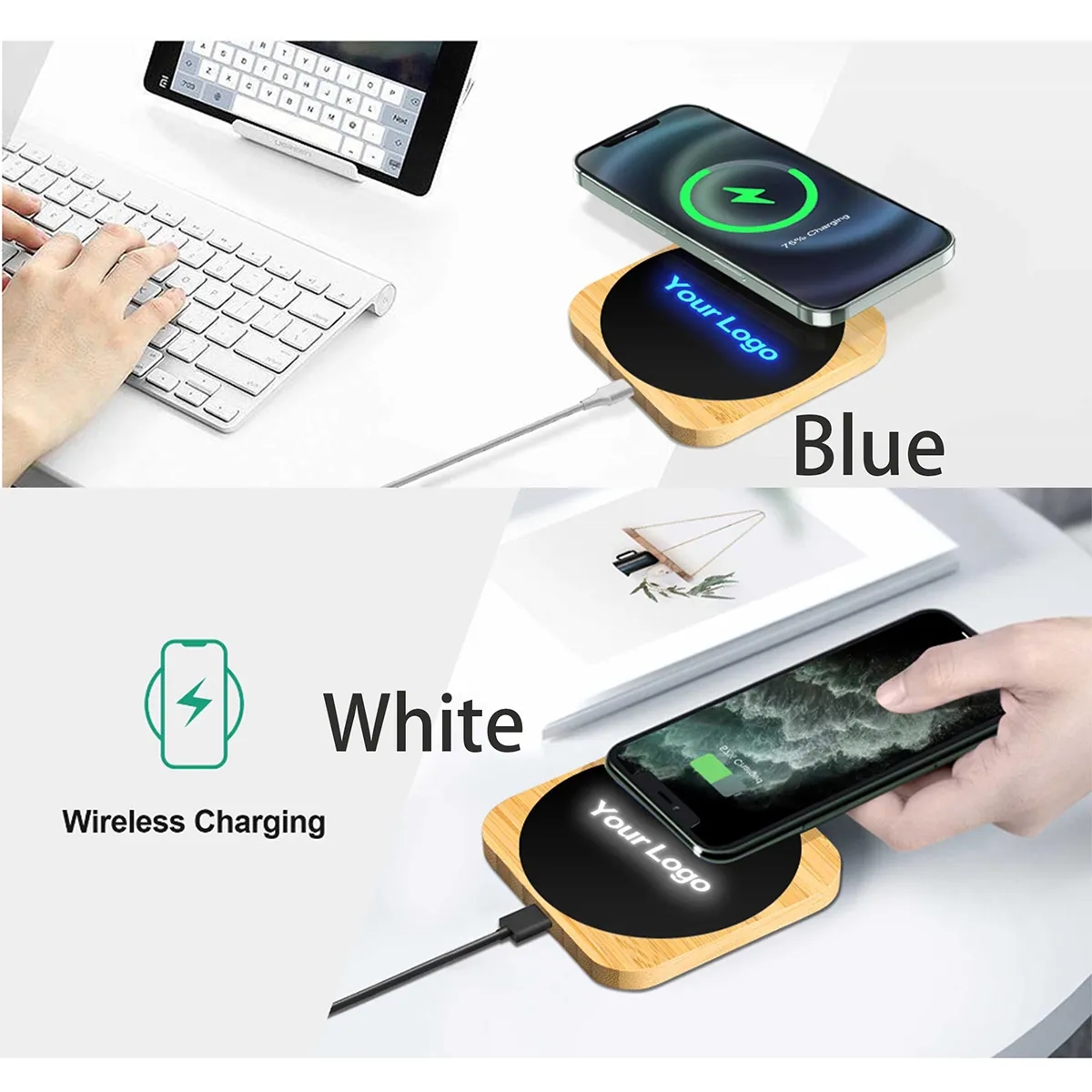 15W Light Up Logo Bamboo Portable Fast Wireless Charger 5
