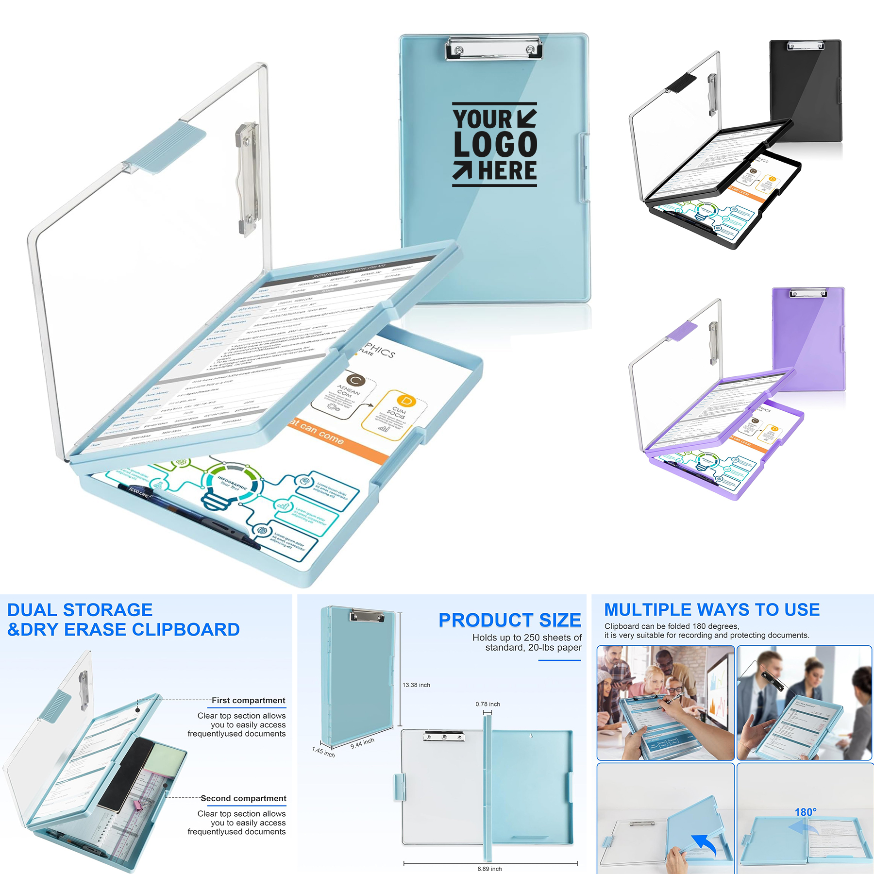8.5" x 11" Pen Holder Heavy Duty Clearview Clip Boards With 2 Storage Case