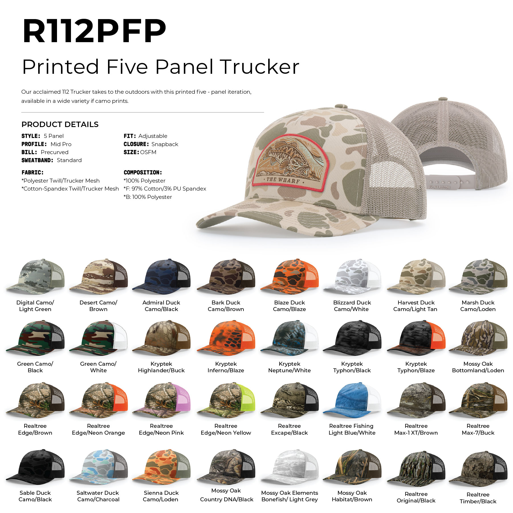 Richardson 112PFP Printed 5-Panel Snapback Trucker Hat w/Leatherette Adhesive Patches or Embroidery 52